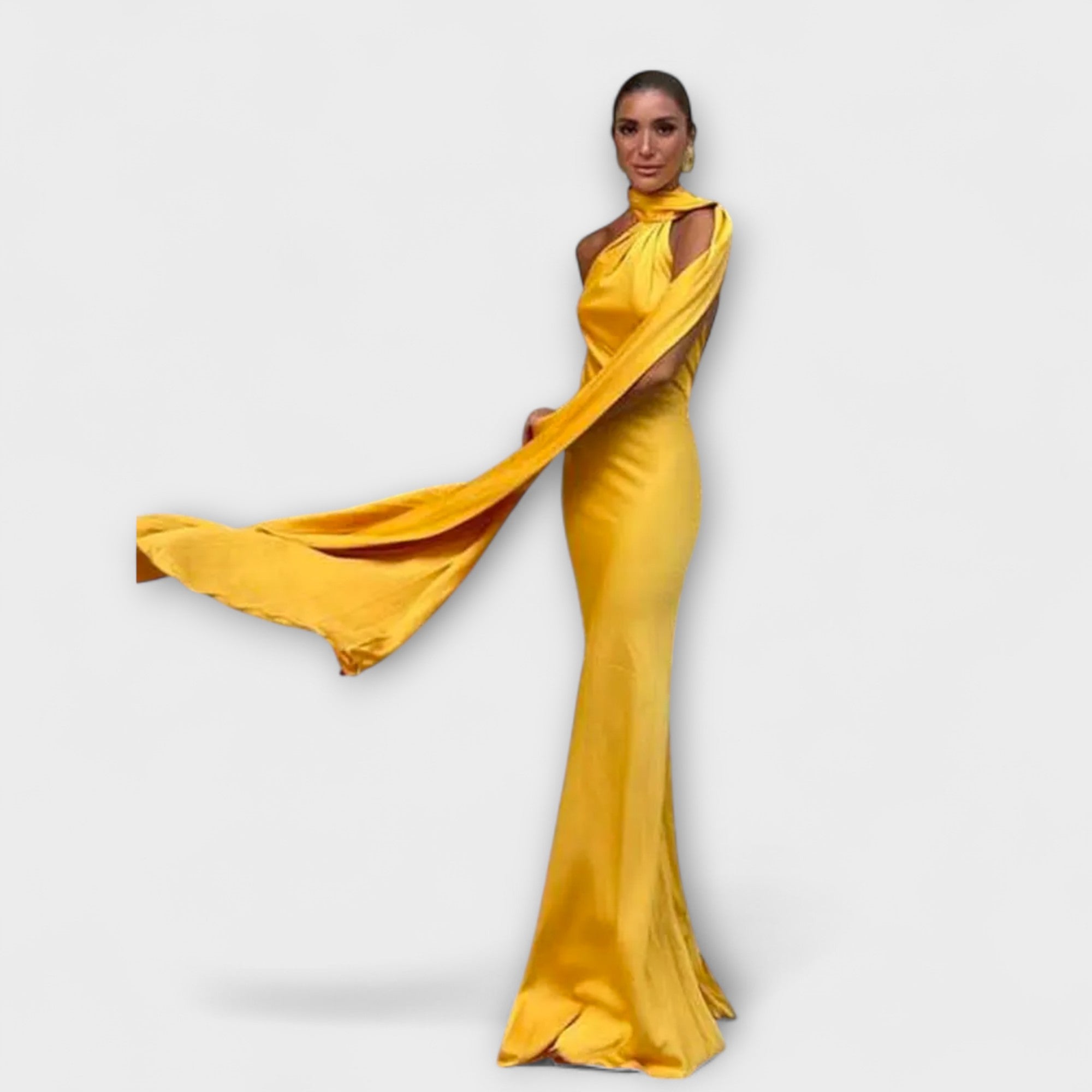 Gelbes Off-Shoulder-Halter-Maxi-Kleid mit langem Drapé