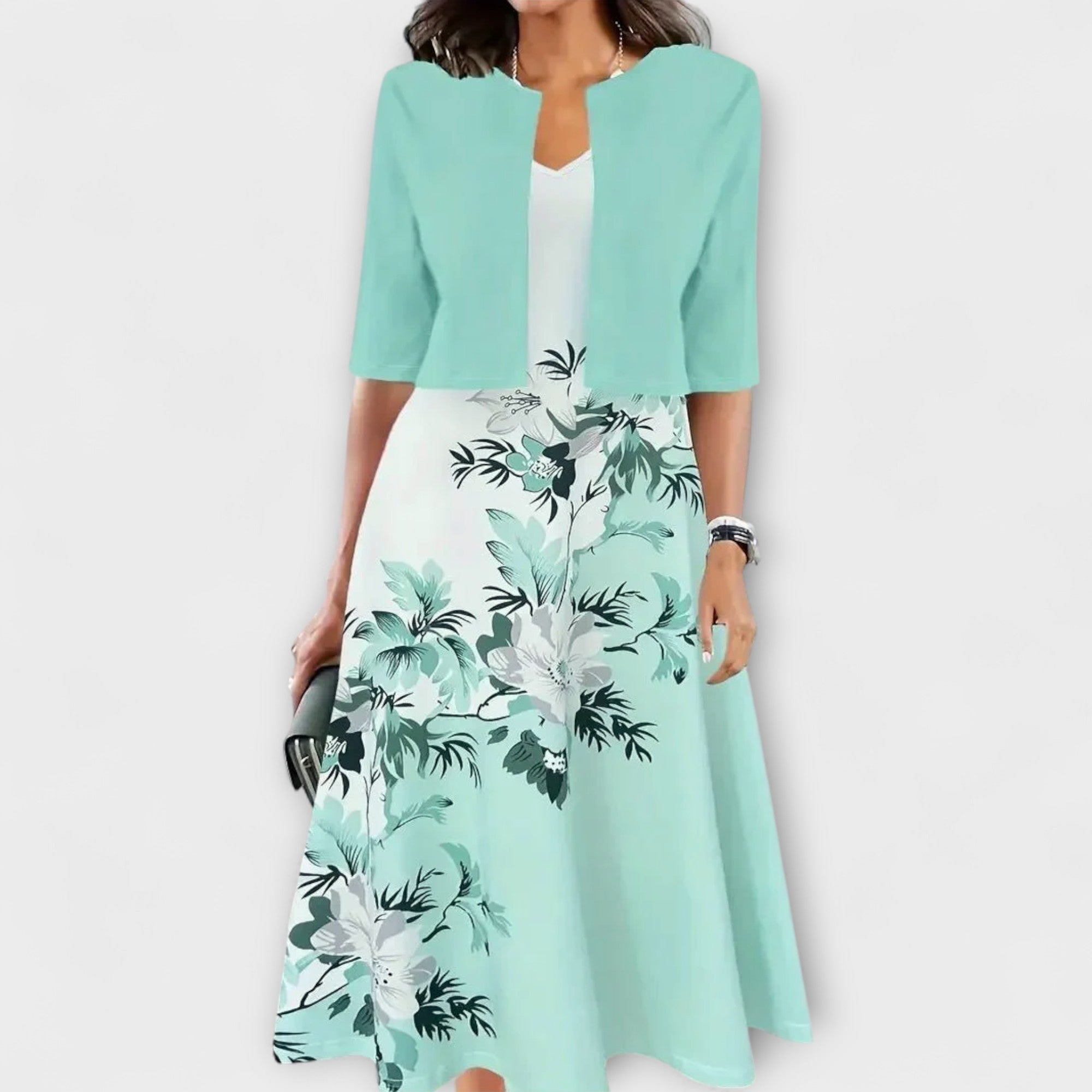 Midi-Kleid mit Blazeroptik, mintgrün mit grünen Pflanzenprints, weit schwingender Saum