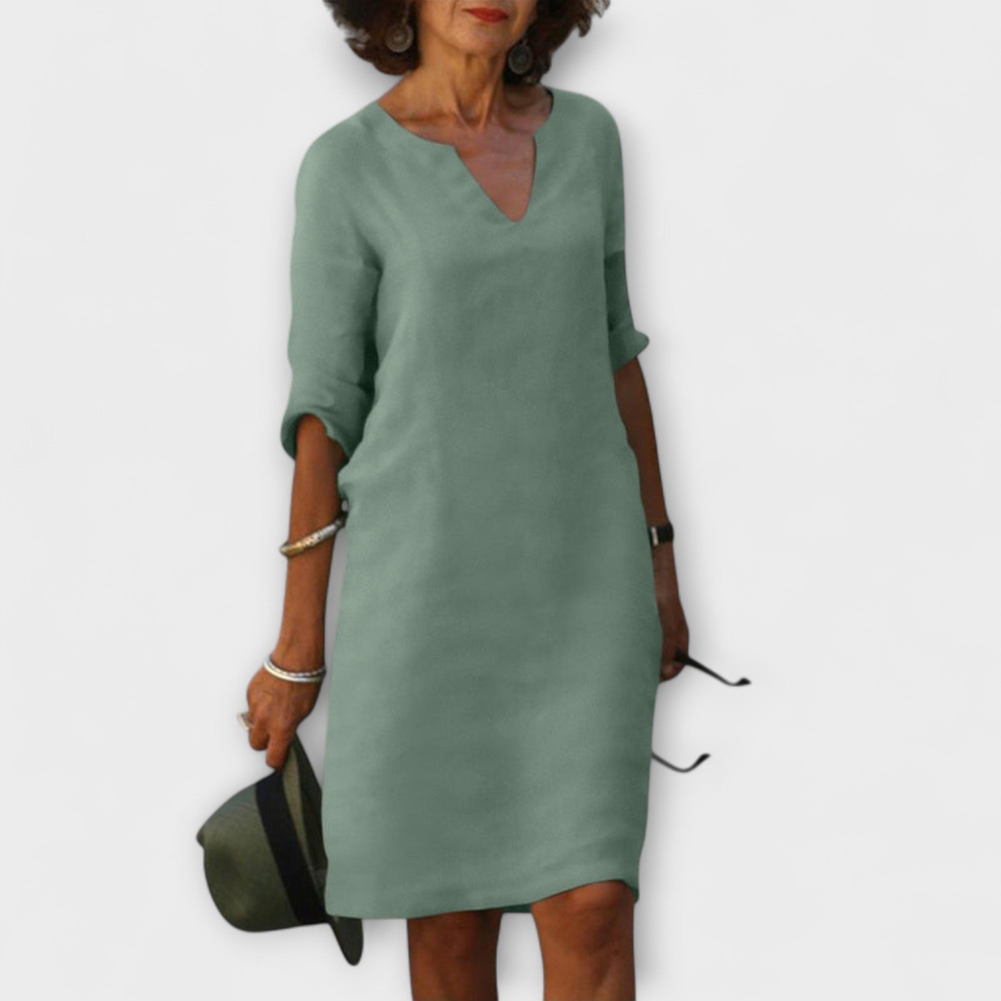 Sommerkleid mit V-Ausschnitt und 3/4-Ärmeln, hellgrün, knielang