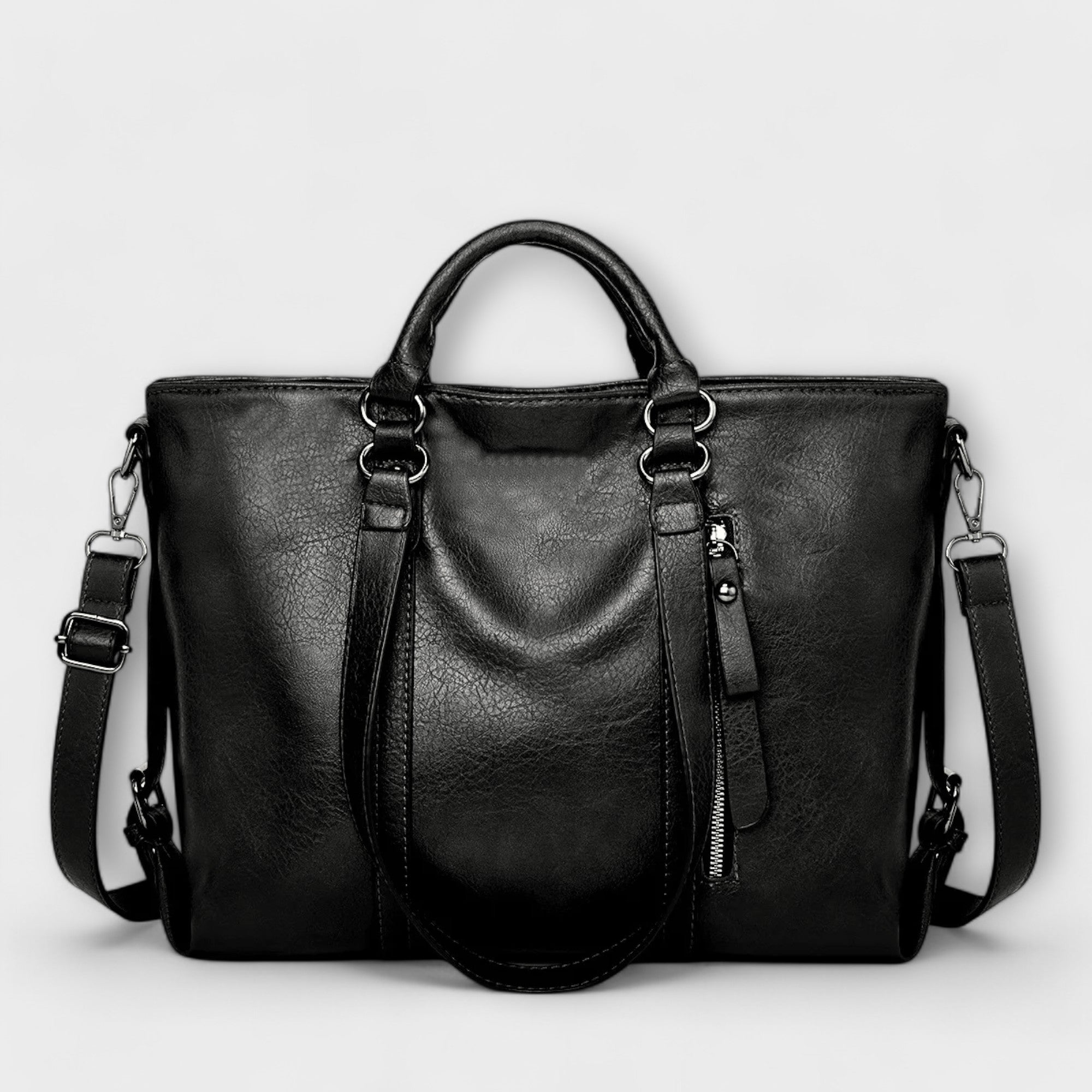 Große Lederhandtasche, schwarz, mit Henkel, Schultergurt und Reißverschluss