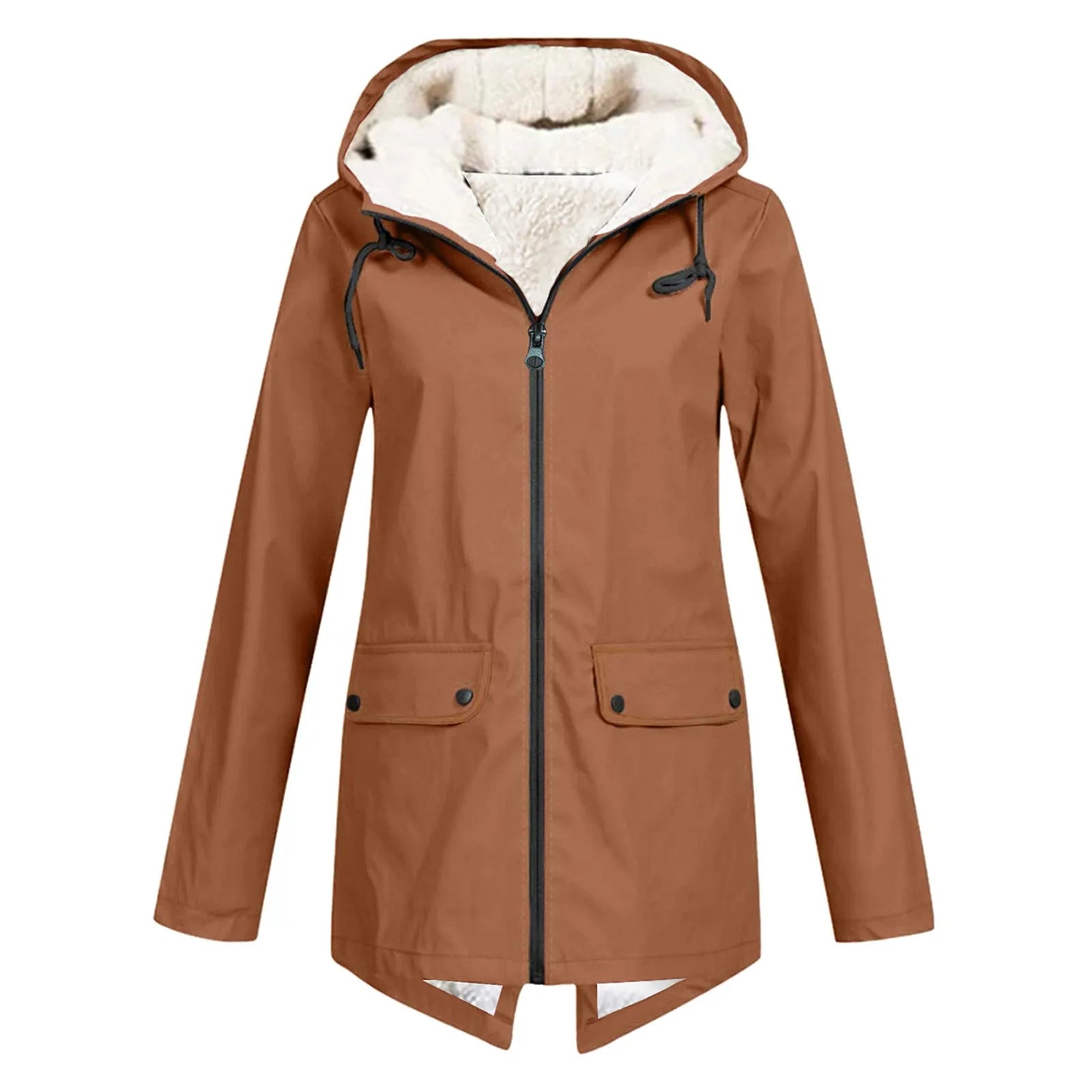 Wind- und Wetterjacke mit sherpa-Kapuze, Reißverschluss, braun, 2 Taschen