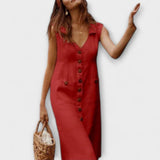 Ärmelloses A-Linien-Kleid mit Umlegekragen, Rot, Knopfleiste