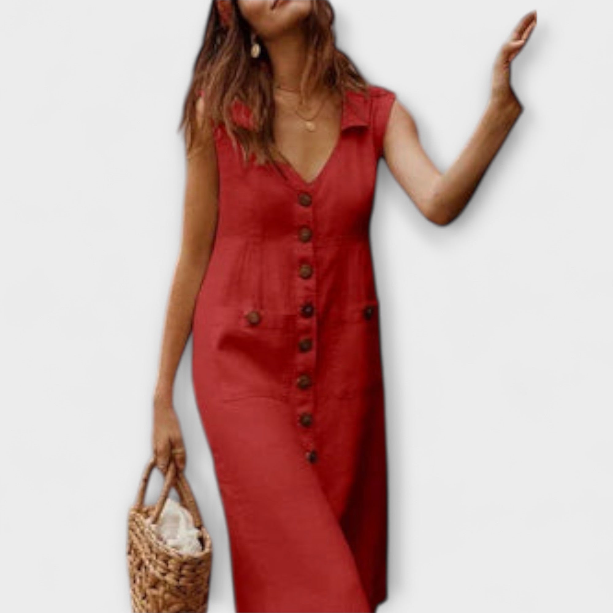 Ärmelloses A-Linien-Kleid mit Umlegekragen, Rot, Knopfleiste