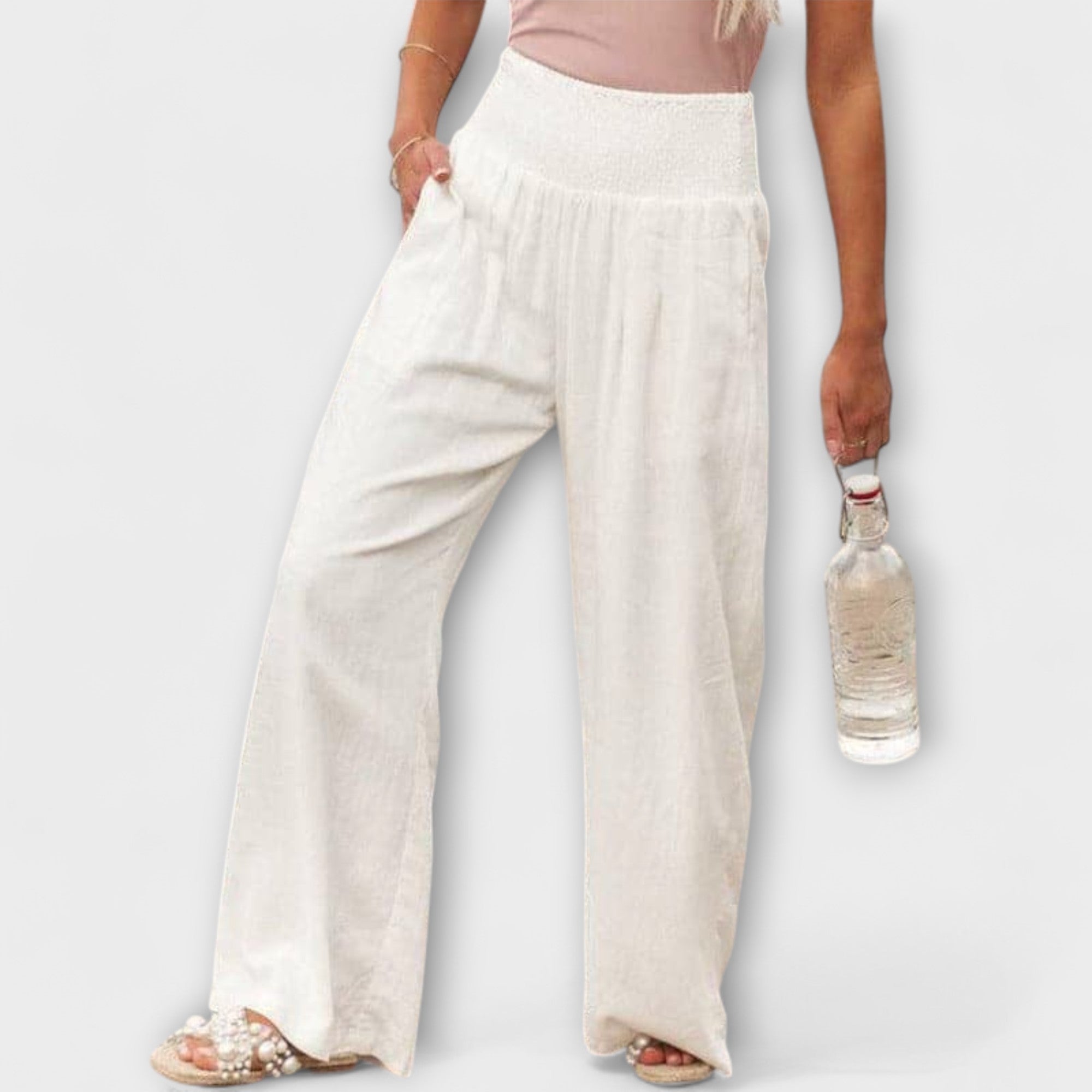Lässige weite Leinenhose mit elastischem Bund, weiß