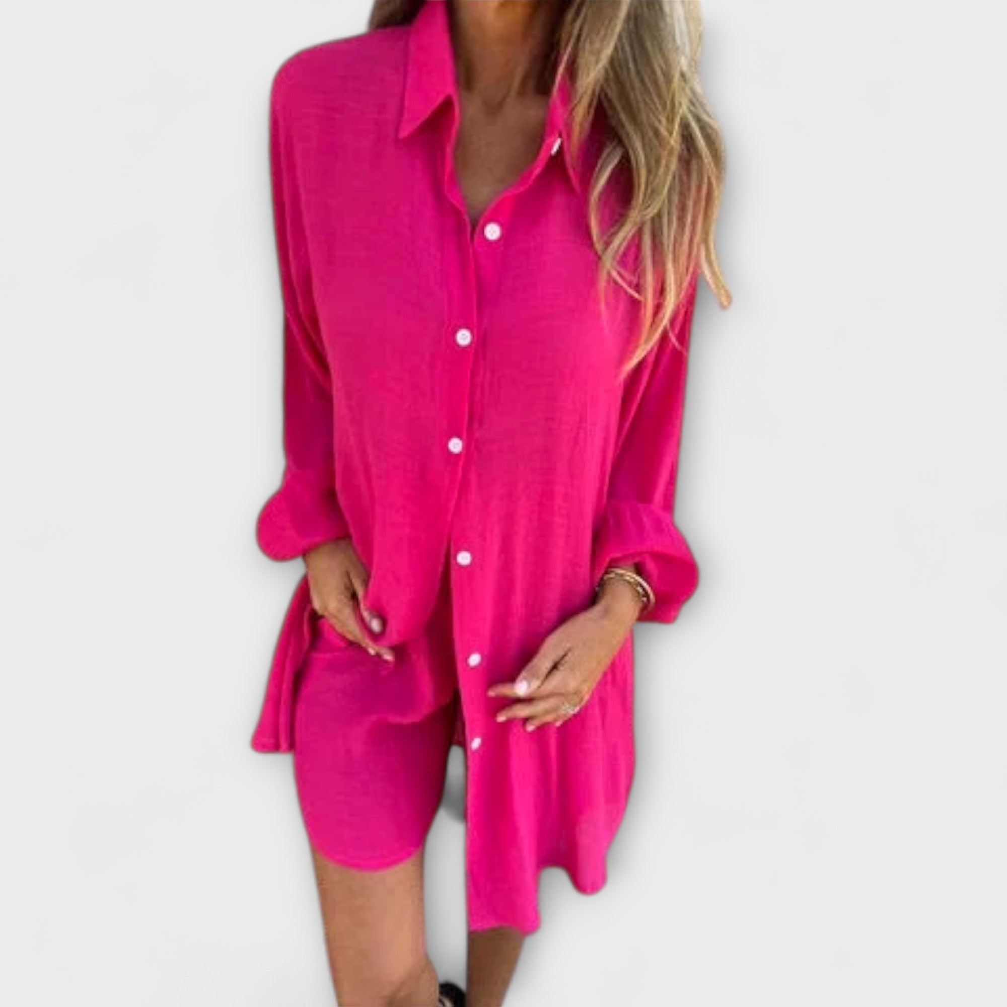 Rosa Blusen-Shorts-Set mit Knopfleiste, lockeres Hemd und kurze Shorts