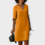Sommerkleid mit V-Ausschnitt, langem Ärmel, orange, knielang