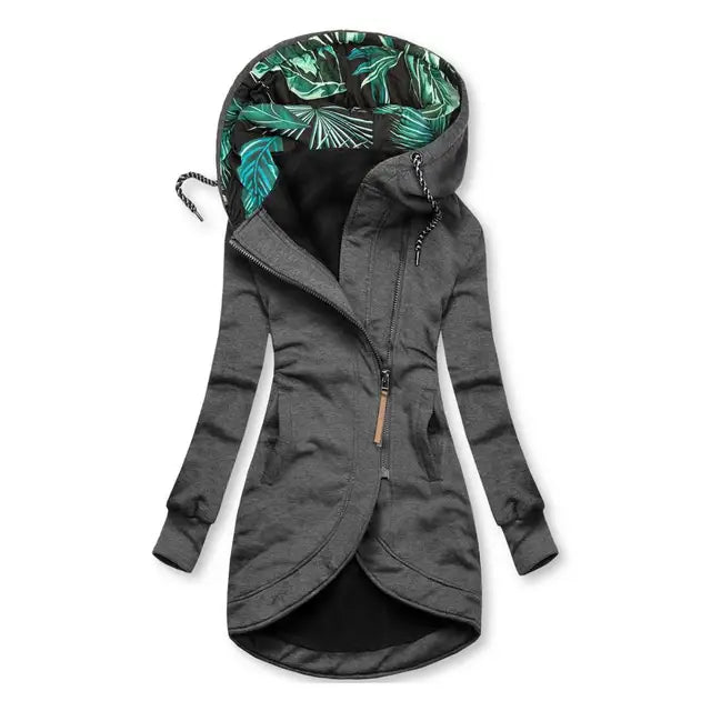 Elegante Jacke mit Kapuze, dunkelgrau, Reißverschluss, schräges Frontpanel