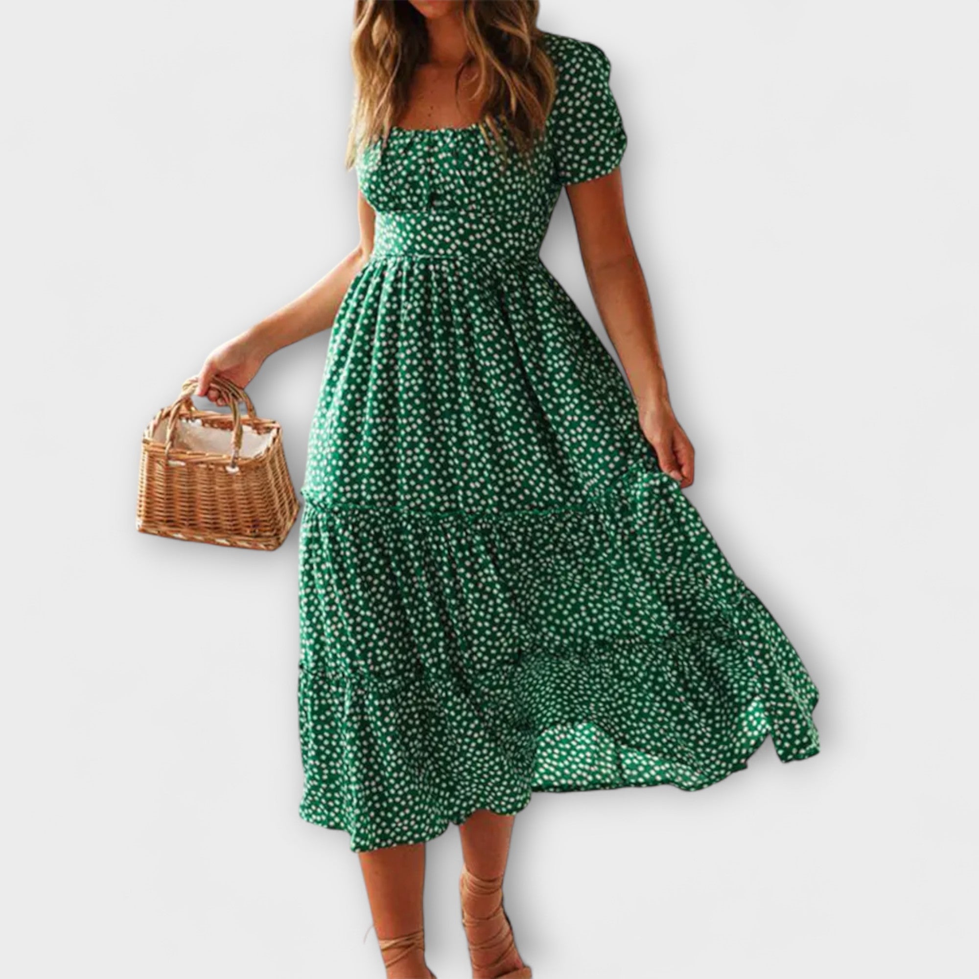 Grünes Maxikleid mit weißem Blumenmuster, Puffärmeln und weitem Glockenrock