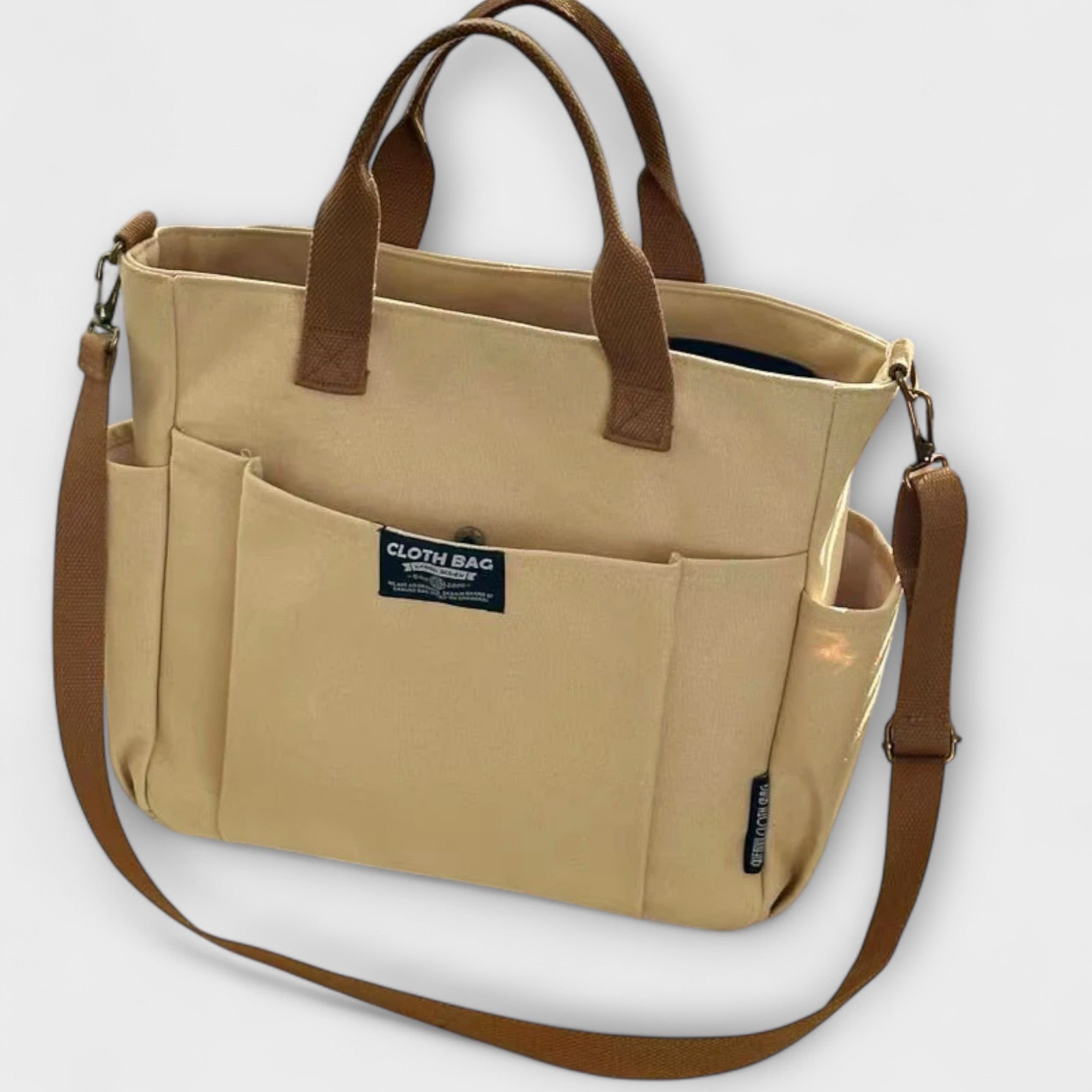 Khaki Canvas-Totebag mit Fronttasche, Tragegriffen und Schulterriemen