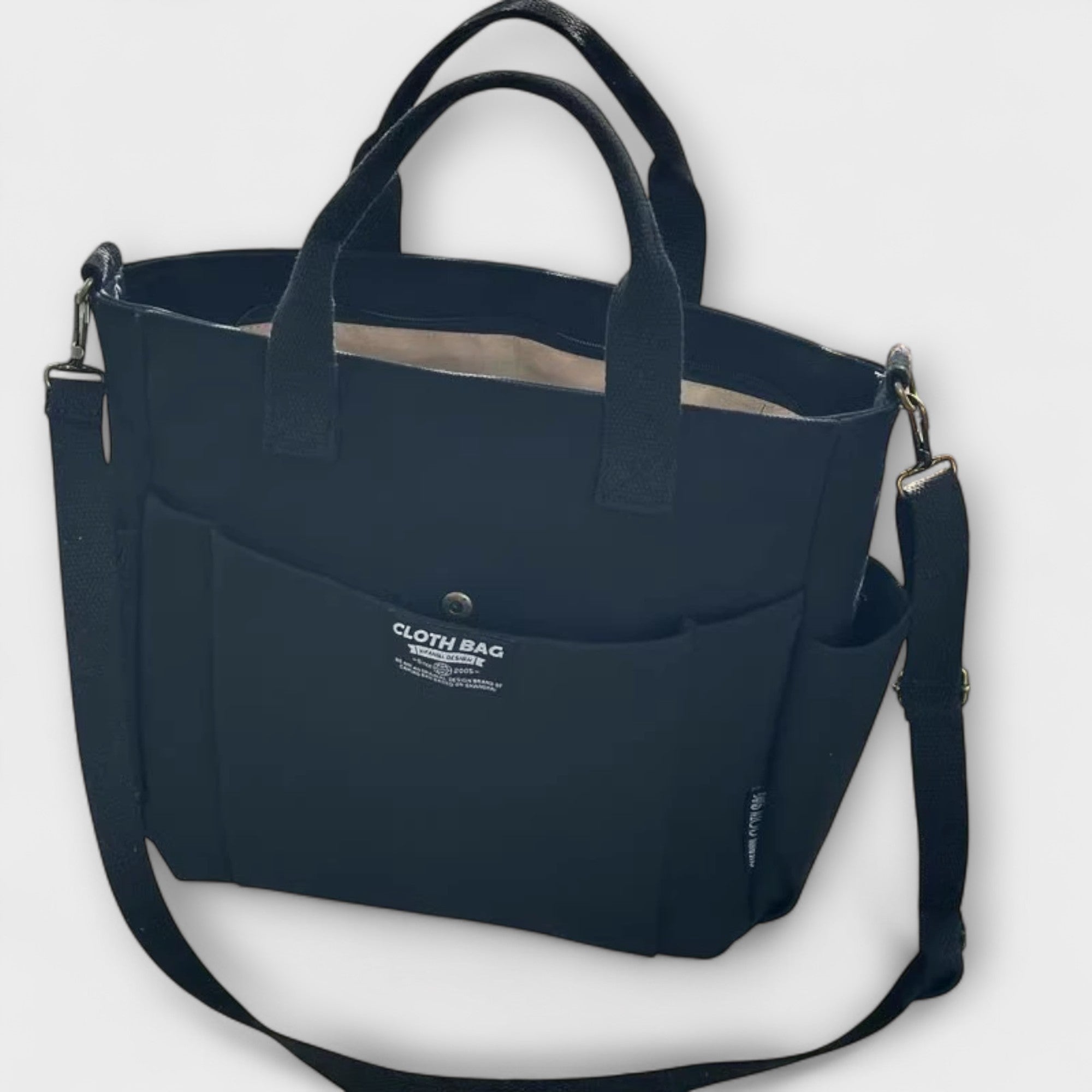 Dunkle Canvas-Totebag mit Fronttasche, Tragegriffen und Schulterriemen