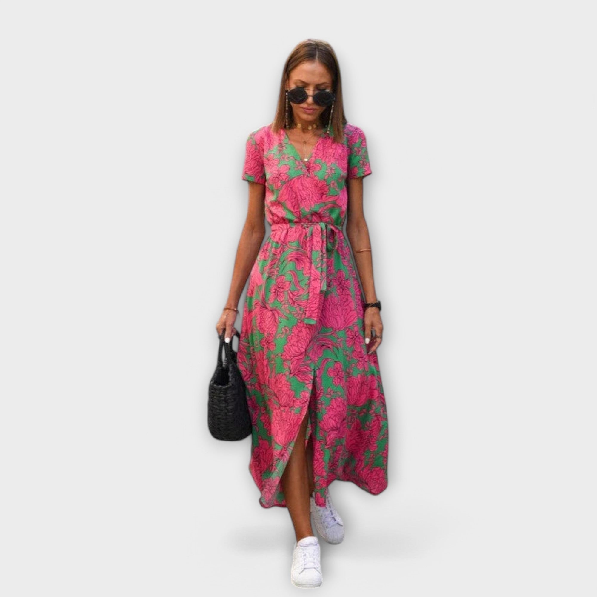 Eshel bequemes Kleid mit V-Ausschnitt, kurzen Ärmeln und floralem Pink-Grün-Muster