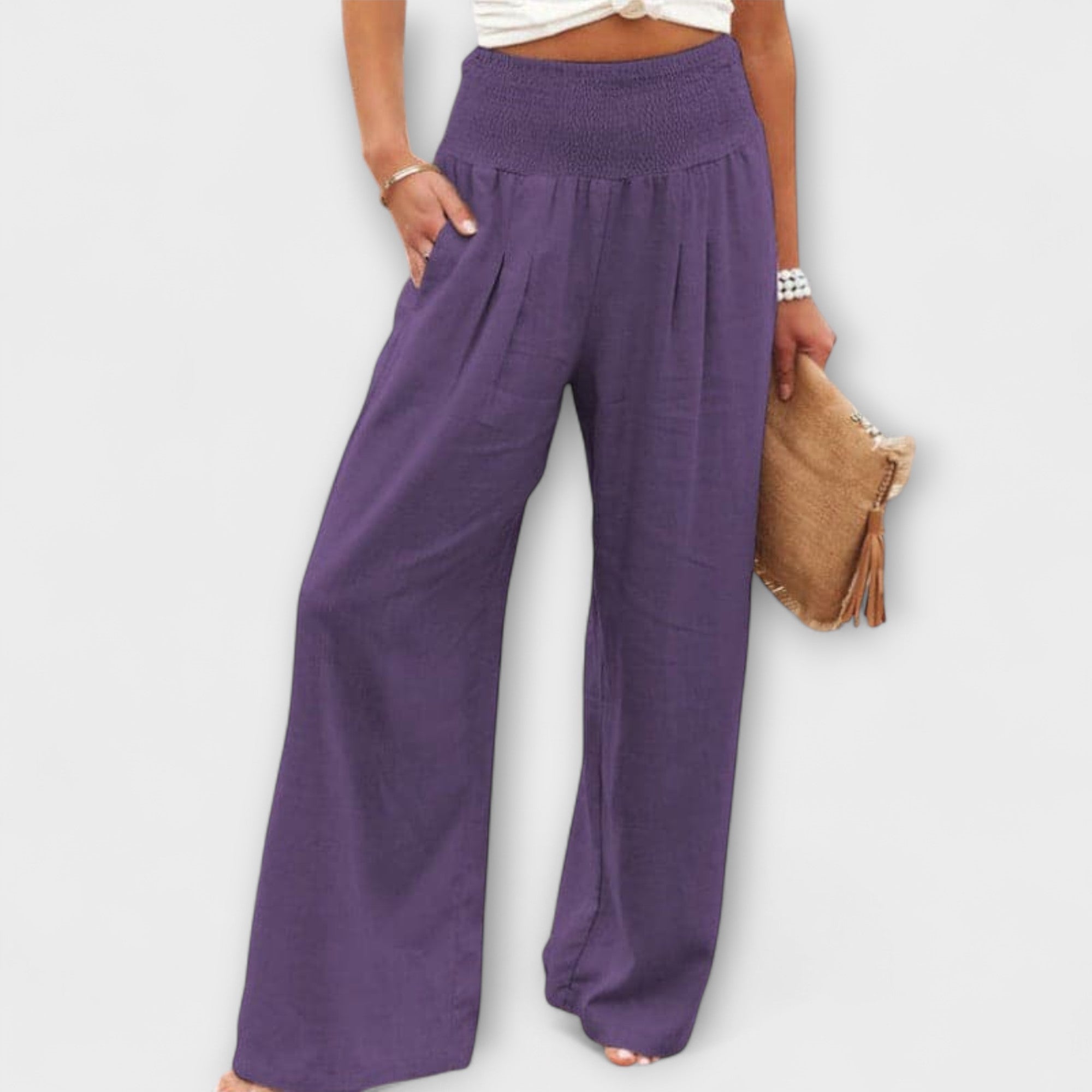 Lässige weite Leinenhose mit elastischem Bund, lila