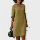 Sommerkleid mit V-Ausschnitt, langem Ärmel, olivgelb, knielang
