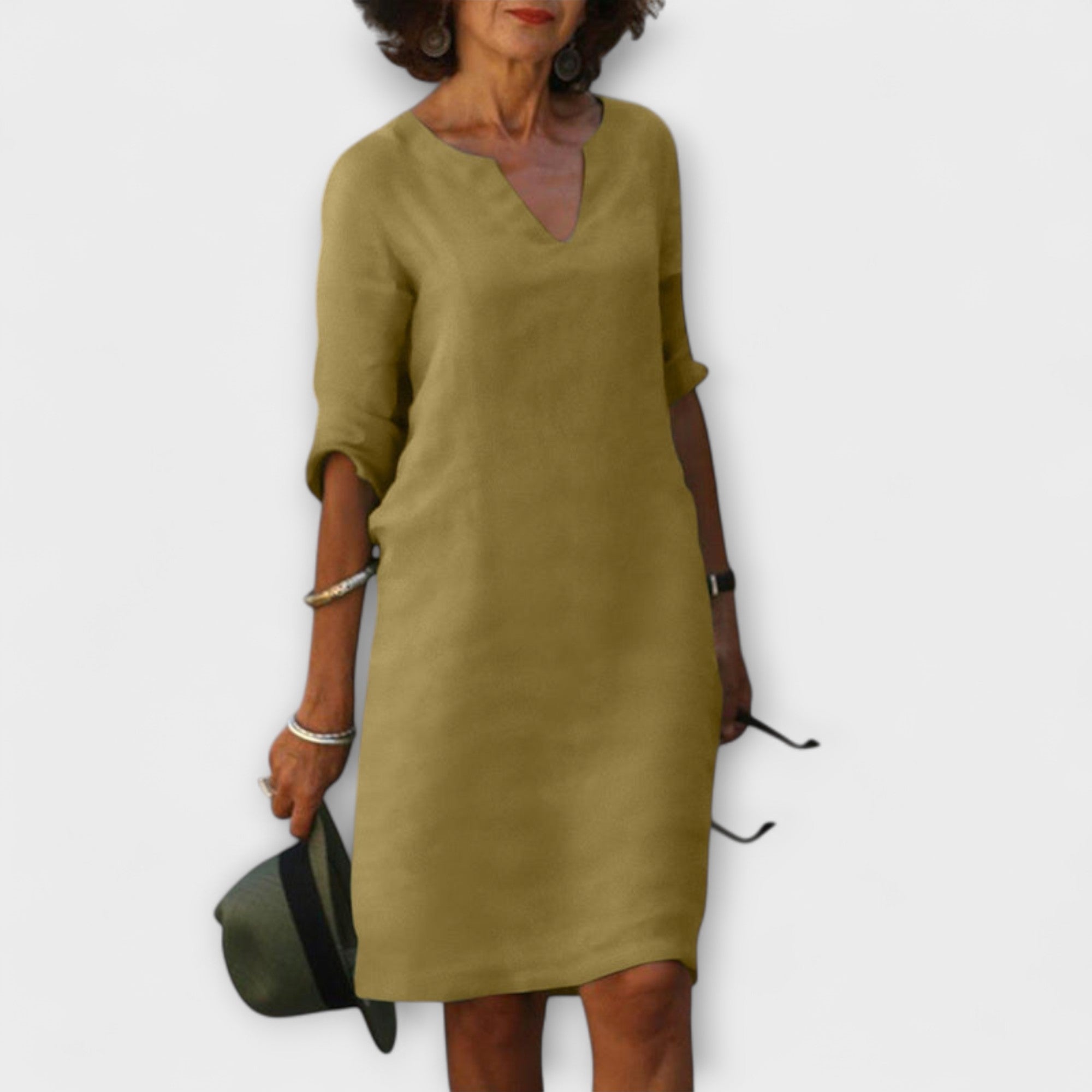 Sommerkleid mit V-Ausschnitt, langem Ärmel, olivgelb, knielang