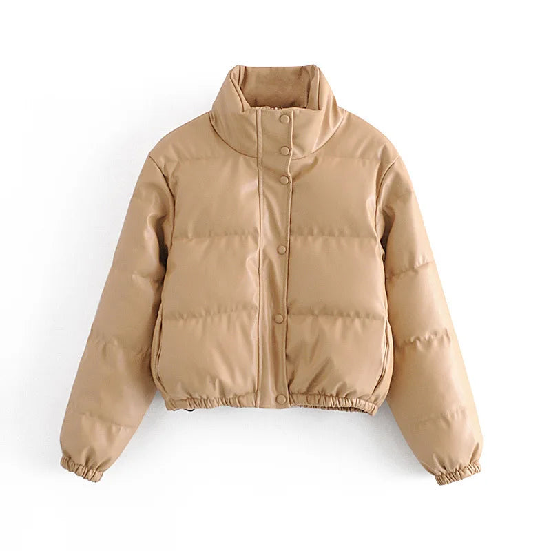 Khaki Bomberjacke mit wattierter Steppung, Knopfleiste und Stehkragen.