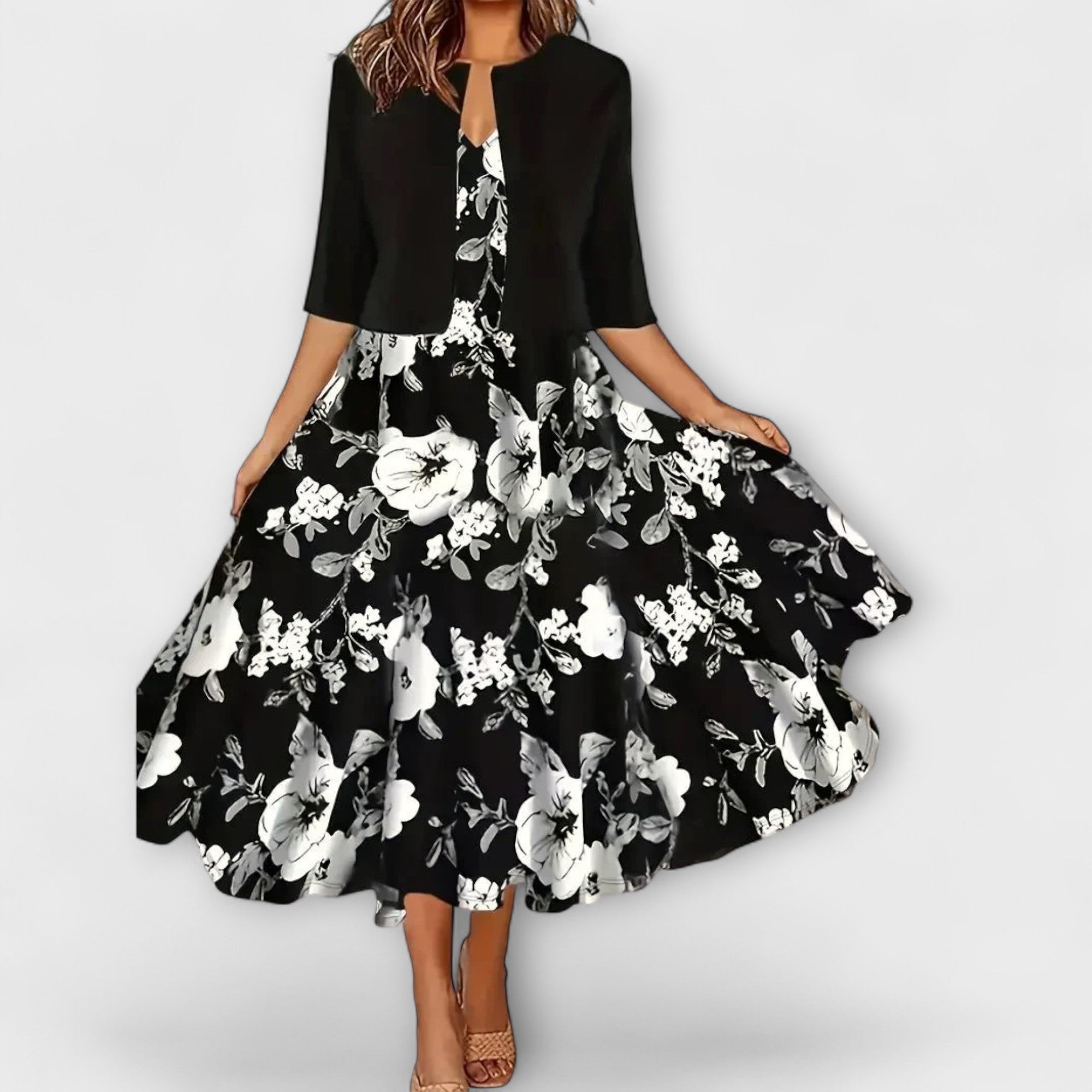 Midi-Kleid mit Blazeroptik, schwarz mit weißem Blumenmuster, ausgestellter Rock