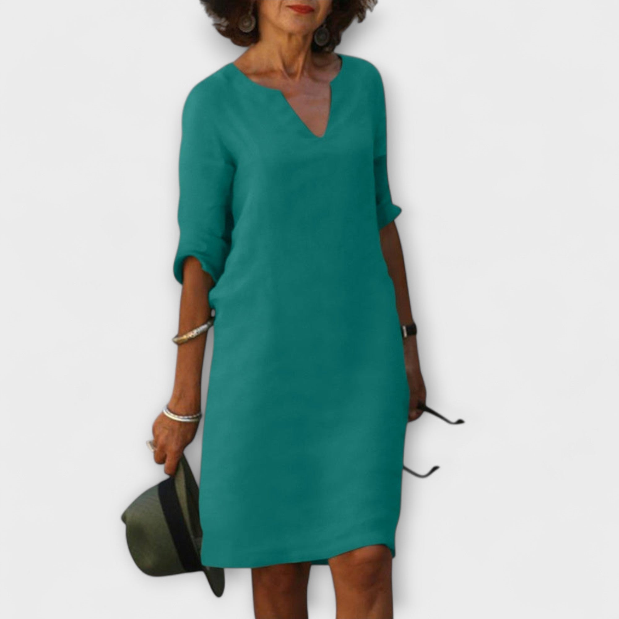 Sommerkleid mit V-Ausschnitt, langem Ärmel, türkisgrün, knielang
