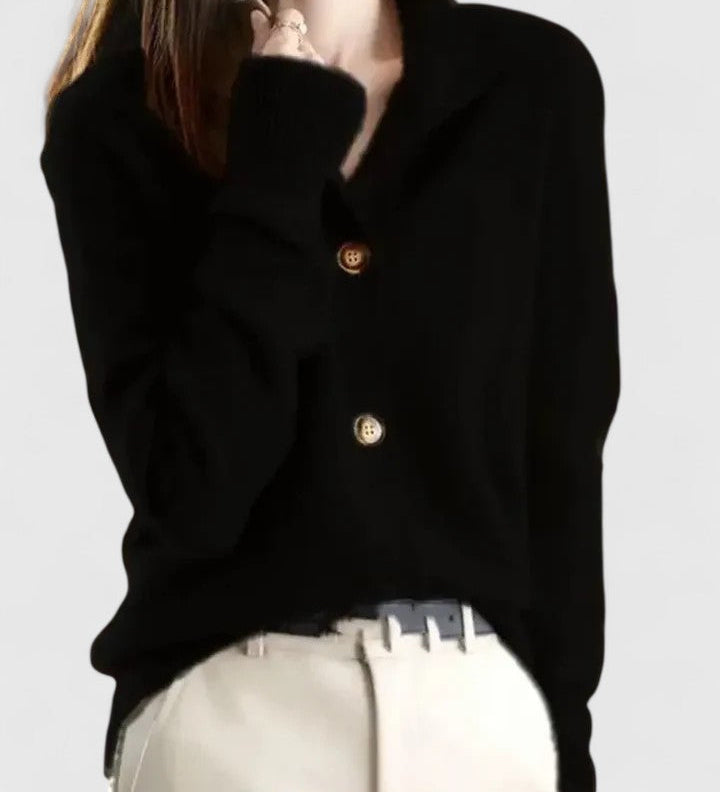 Schwarzer Cardigan mit Knopfleiste und Kragen, lange Ärmel