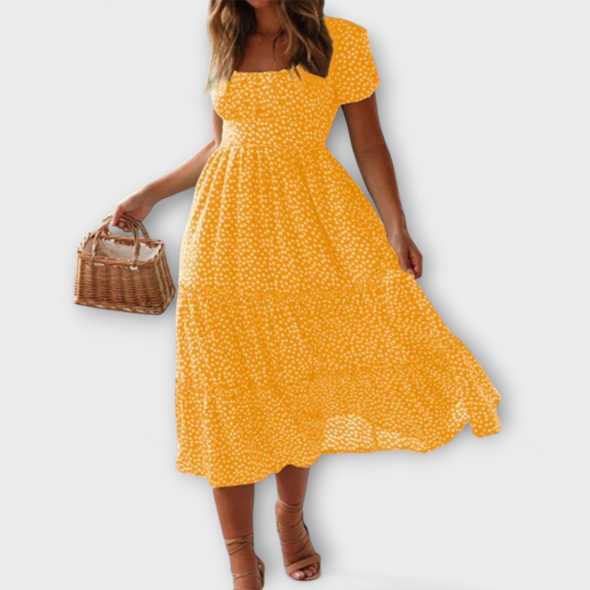 Gelbes Maxikleid mit feinem Blumenmuster, Puffärmeln und ausgestelltem Saum