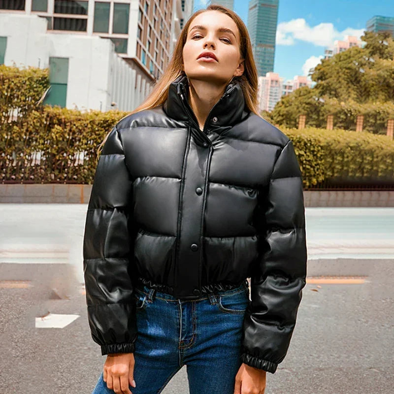 Schwarze Bomberjacke mit wattierter Steppung, Knopfleiste und geripptem Saumbund.