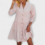 Luftiges Midi-Kleid rosa mit Karomuster, Knopfleiste, Faltenrock und 3/4-Ärmeln