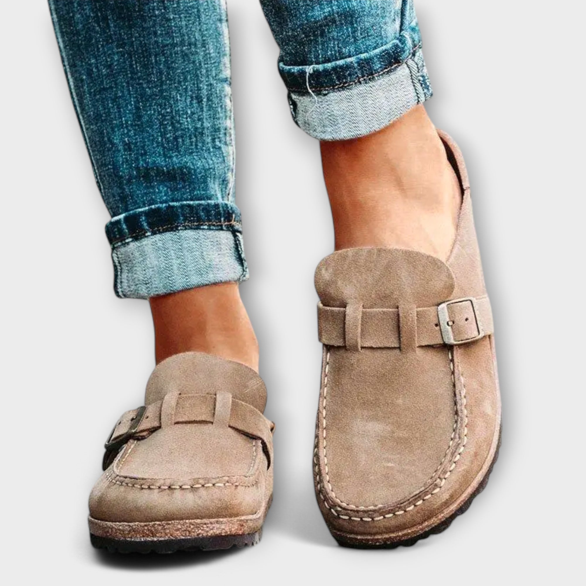 Orthopädischer Damenschuh beige mit Zierschnalle, Wildlederoptik