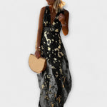 Fließendes Maxikleid mit V-Ausschnitt, ärmellos; schwarz mit goldenen Pailletten-Details