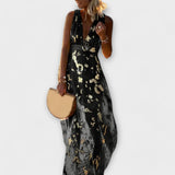 Fließendes Maxikleid mit V-Ausschnitt, ärmellos; schwarz mit goldenen Pailletten-Details