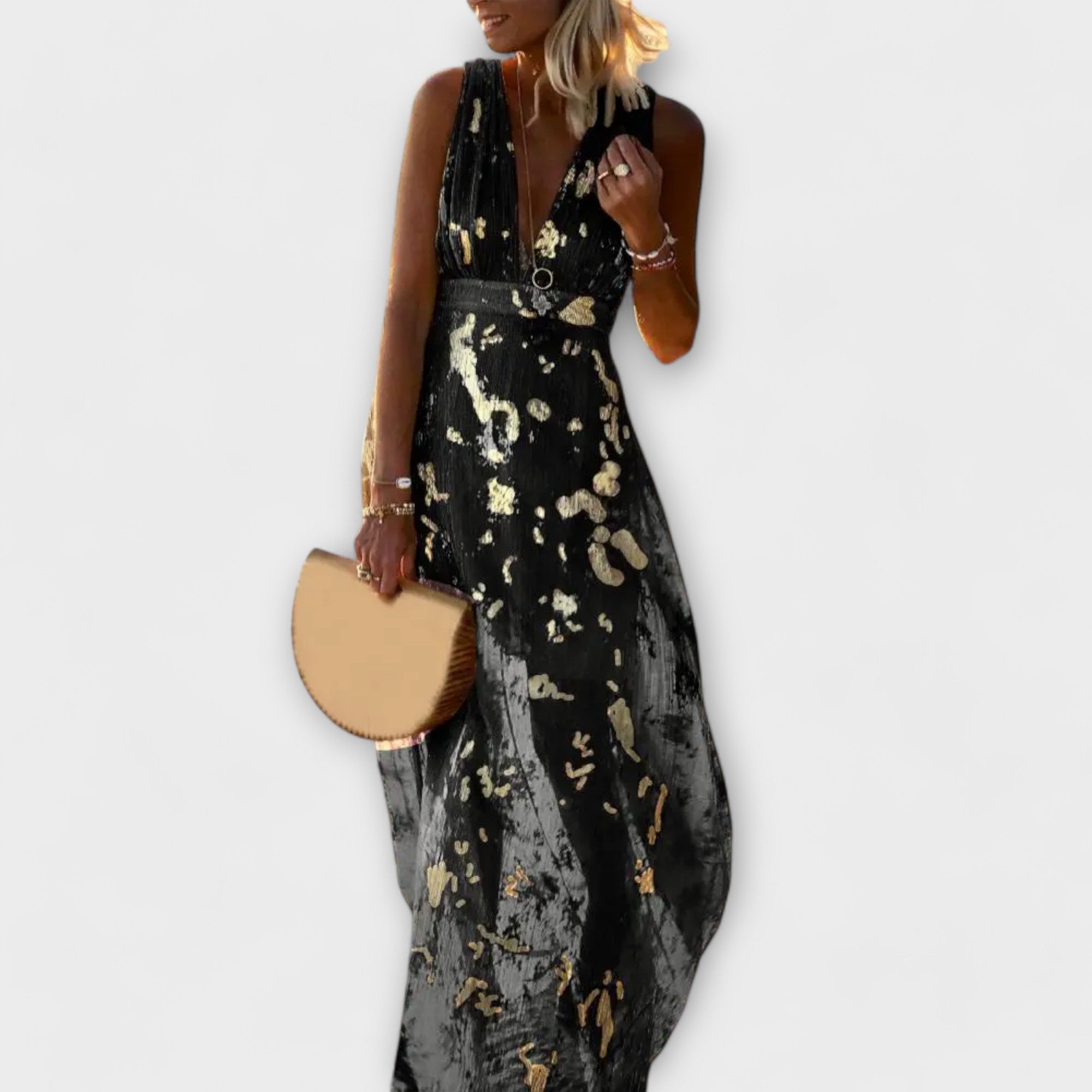 Fließendes Maxikleid mit V-Ausschnitt, ärmellos; schwarz mit goldenen Pailletten-Details