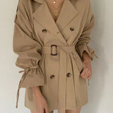 Wintermantelkleid Flora Khaki mit Knöpfen vorn, Gürtel mit großer Schnalle, gelapptem Kragen