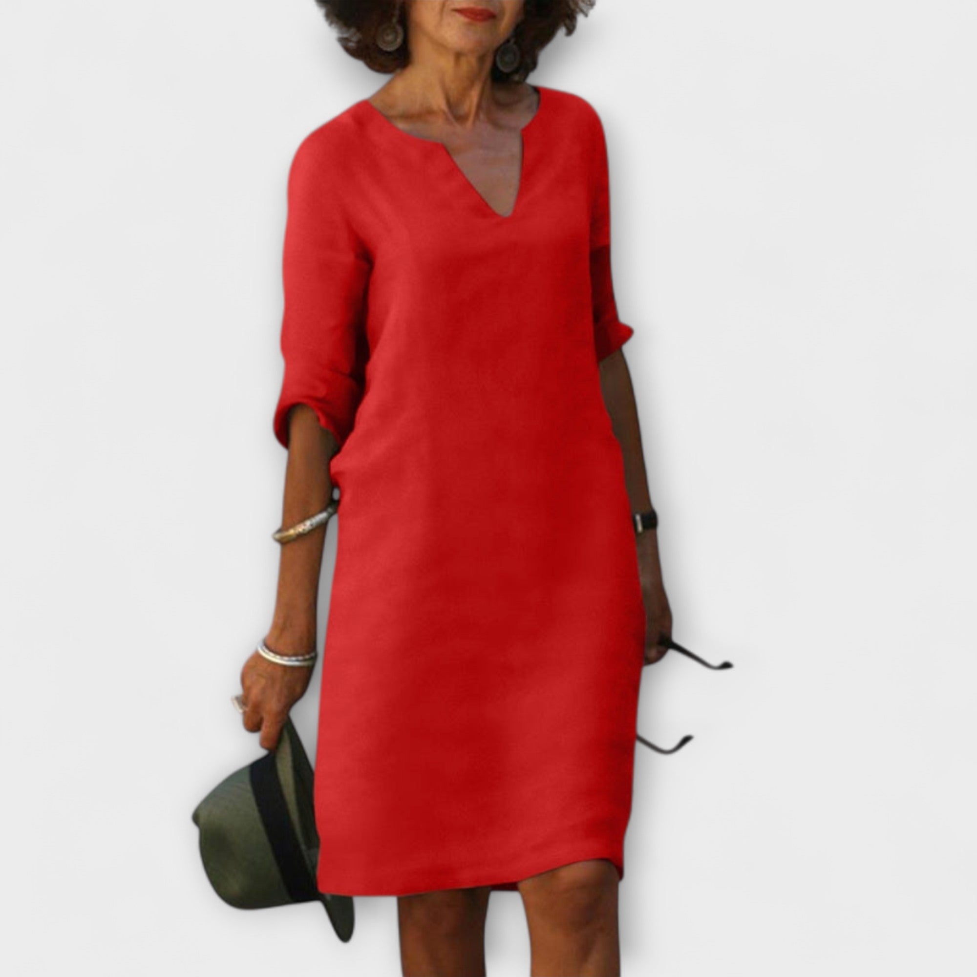 Sommerkleid mit V-Ausschnitt, langem Ärmel, rot, knielang