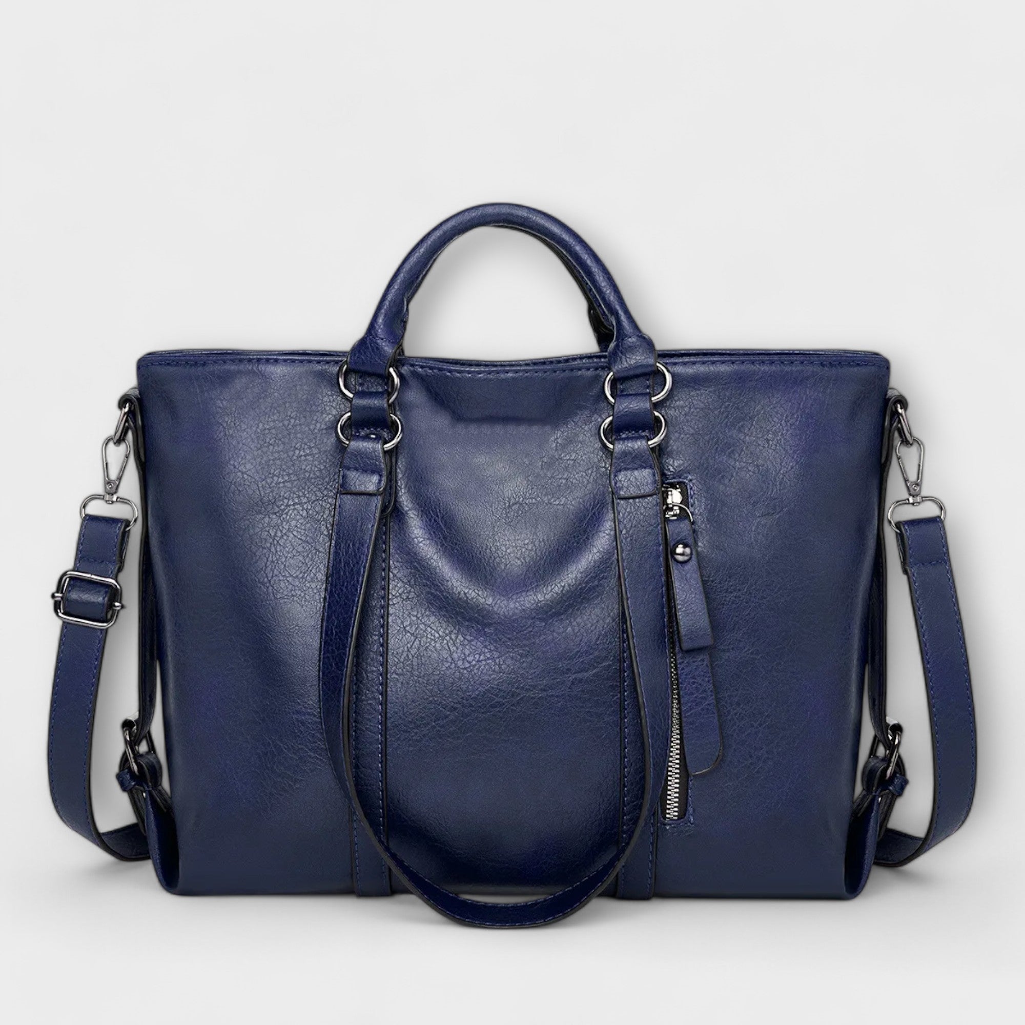 Große Lederhandtasche, blau, mit Henkel, Schultergurt und Reißverschluss