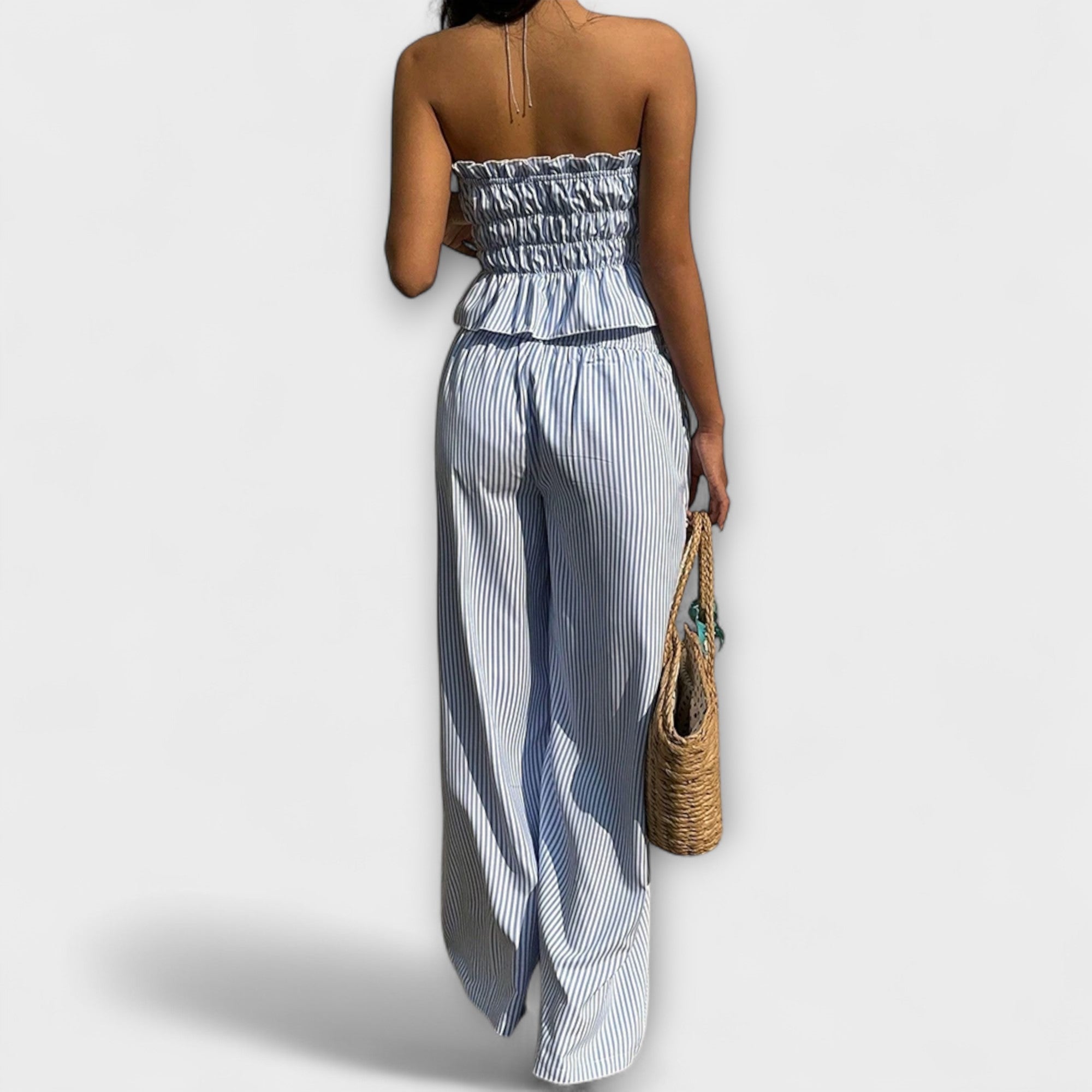 Hosen-Set mit Bustier-Top und gestreifter weitem Bein, blau-weiß