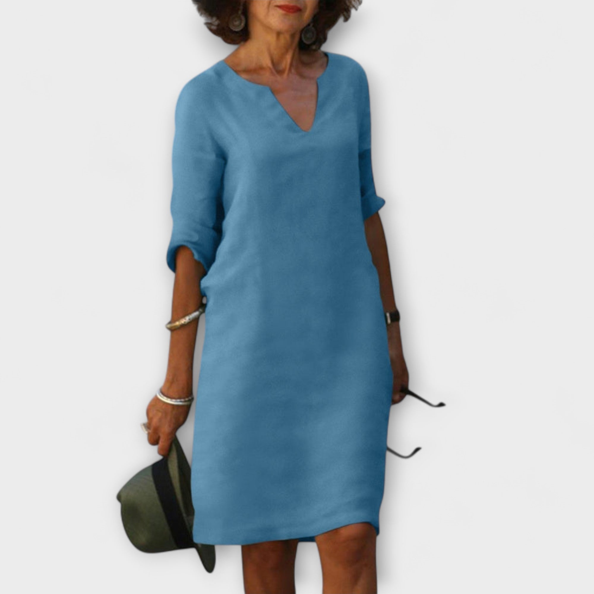 Sommerkleid mit V-Ausschnitt und 3/4-Ärmeln, hellblau, knielang