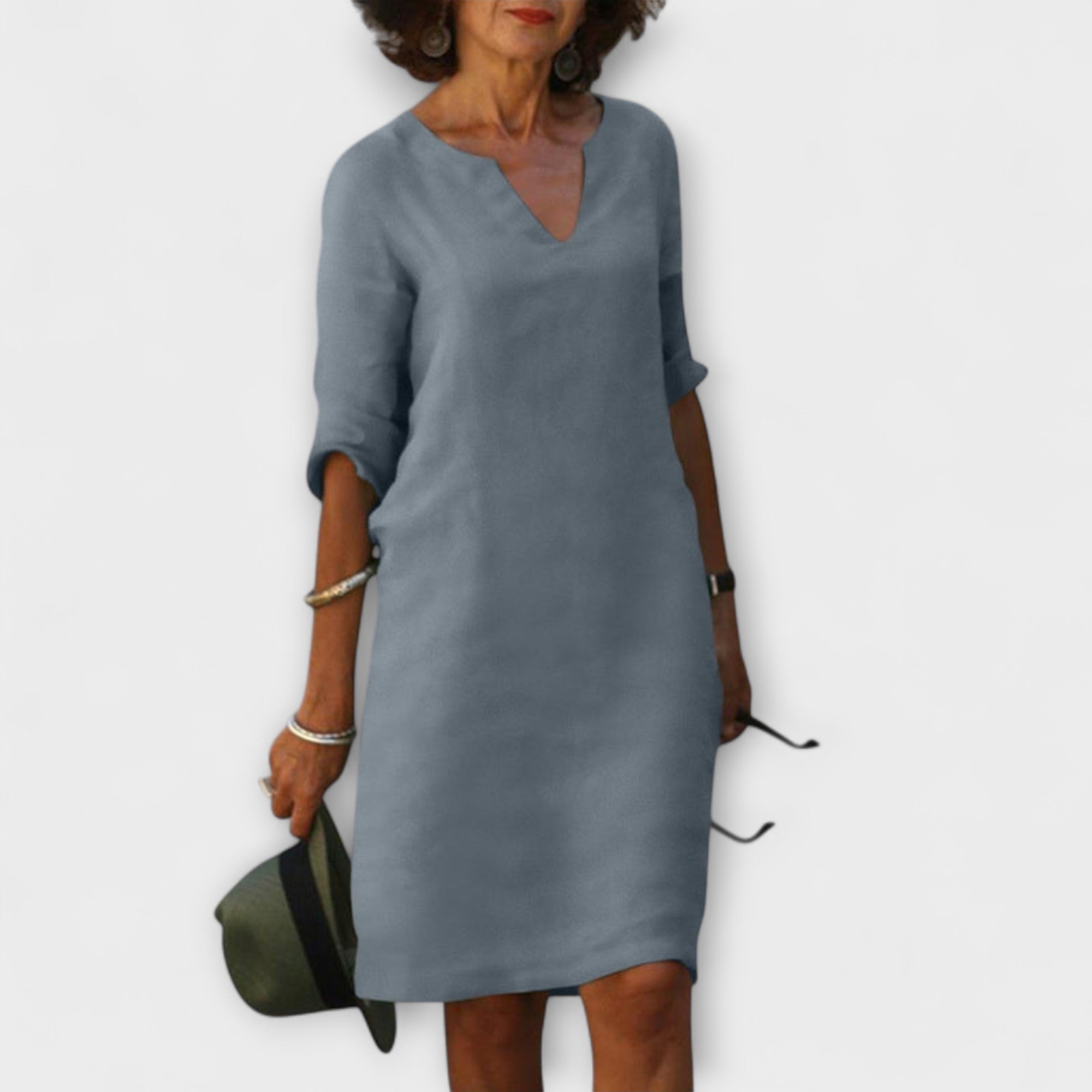 Sommerkleid mit V-Ausschnitt, langem Ärmel, hellgrau, knielang