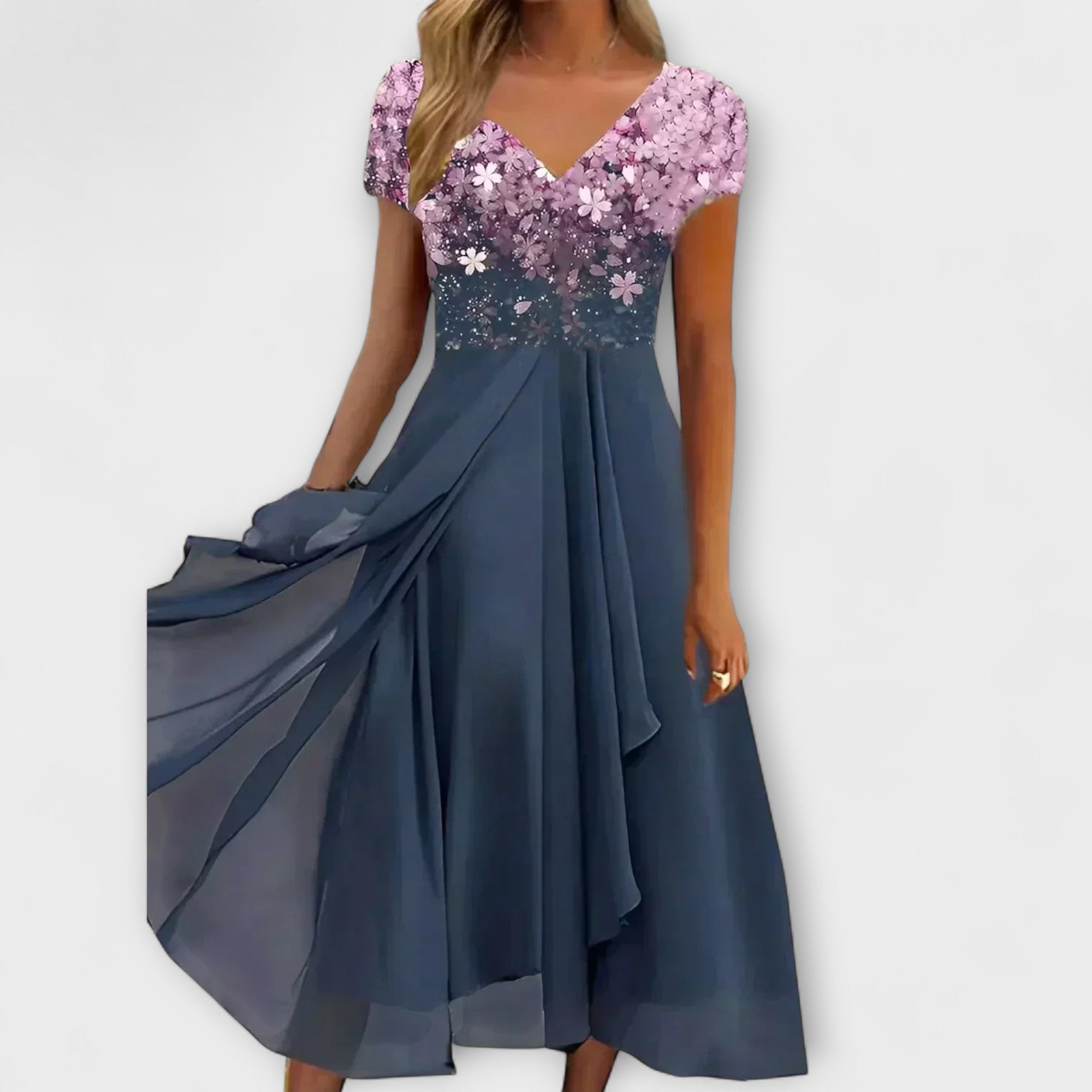 Damen-Chiffonpartykleid mit V-Ausschnitt, Glitzeroberteil rosa und blauer Volantrock