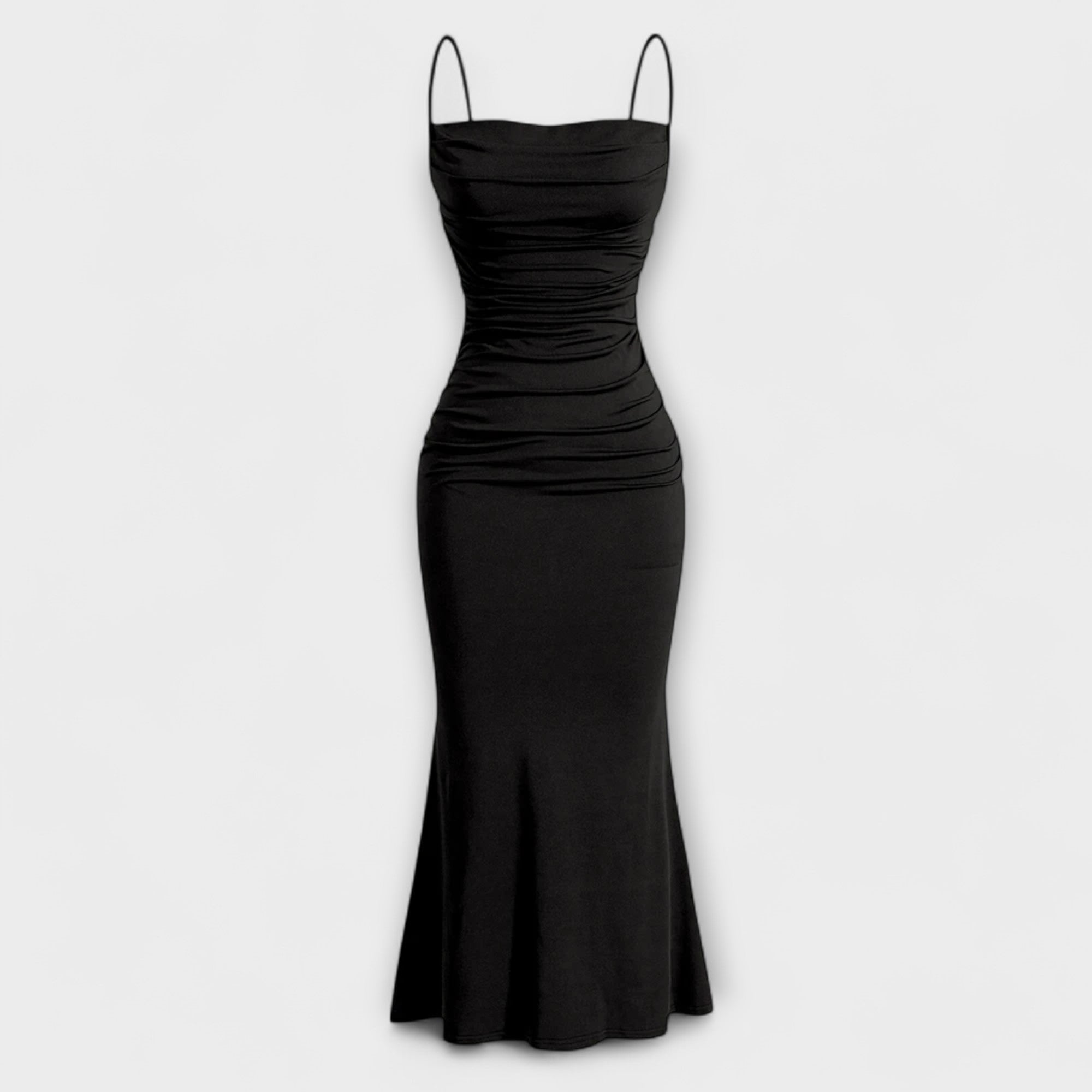 Maxi-Party-Kleid in Schwarz mit schmalen Trägern und gerafftem Taillenbereich