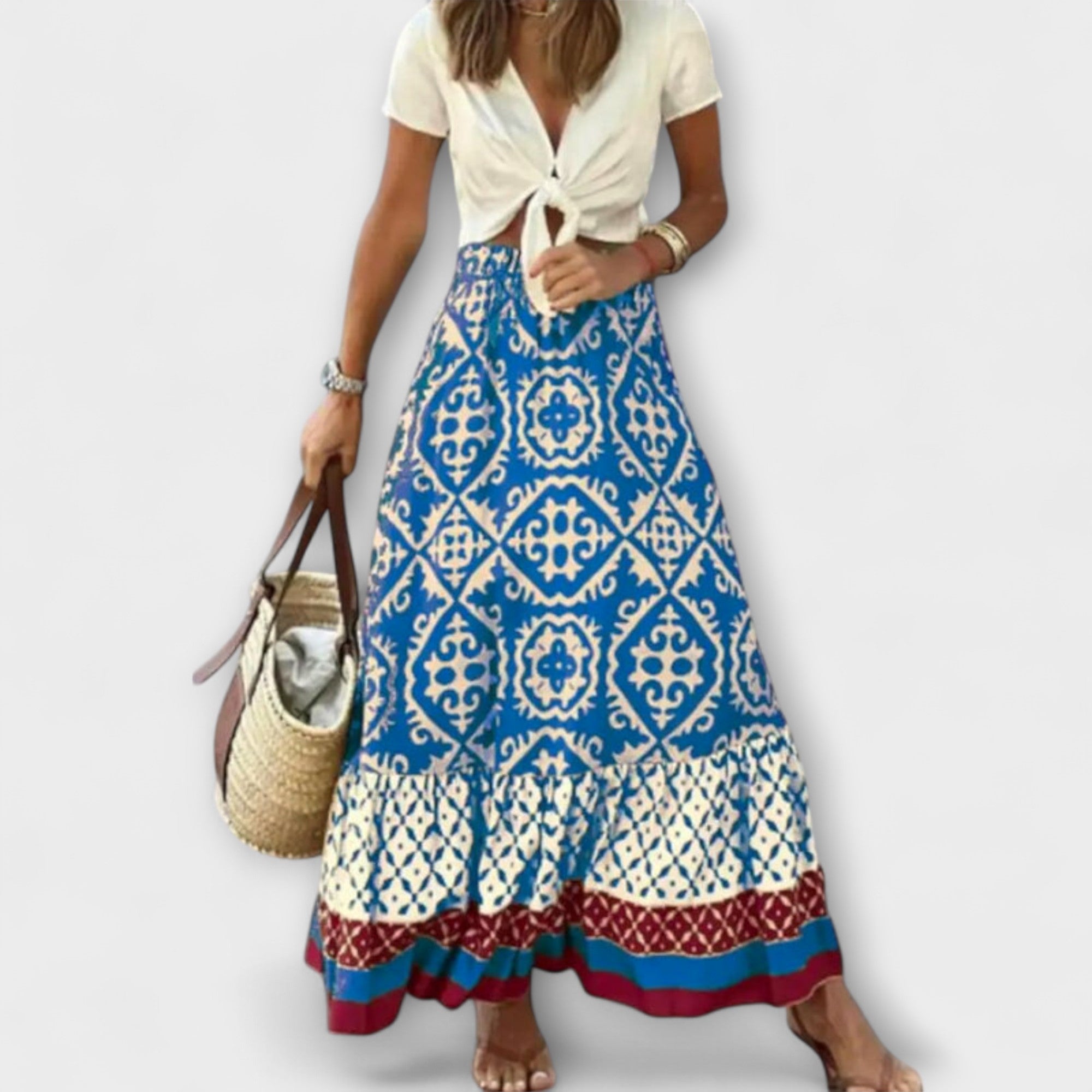 Hochtaillierter Sommerrock mit Paisley-Muster in Blau und Creme, Volantsaum am Saum