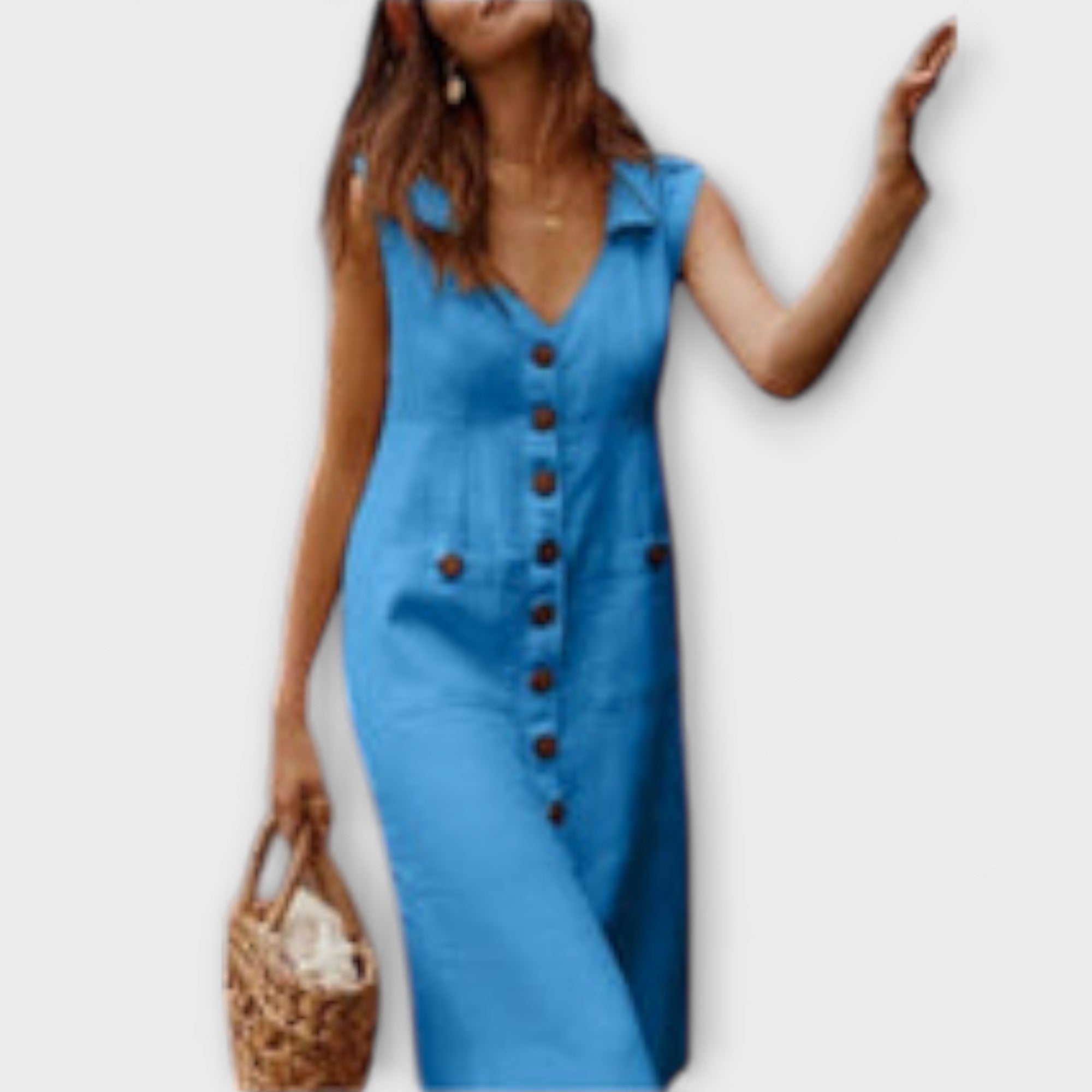 Ärmelloses A-Linien-Kleid mit Umlegekragen, Blau, Knopfleiste