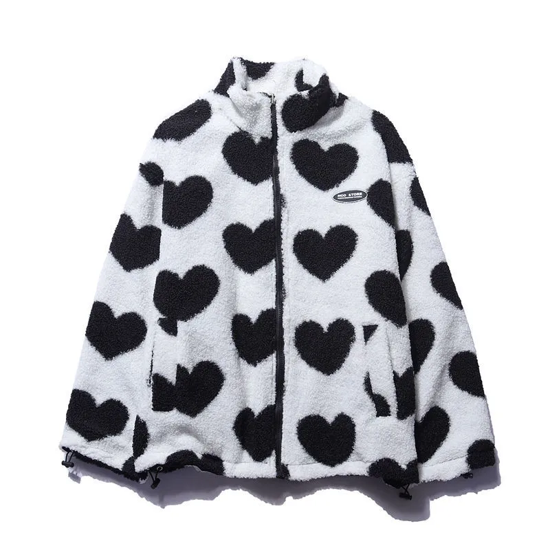 Doppelseitiger Herzmantel, weiß-schwarz: Fleece mit großen Herzmotiven, Reißverschluss