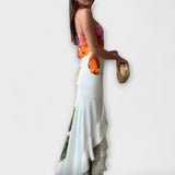 Schulterträger-Maxikleid aus Patchwork-Stoff mit floral wirkenden Farbfeldern in Pink, Orange und Grün