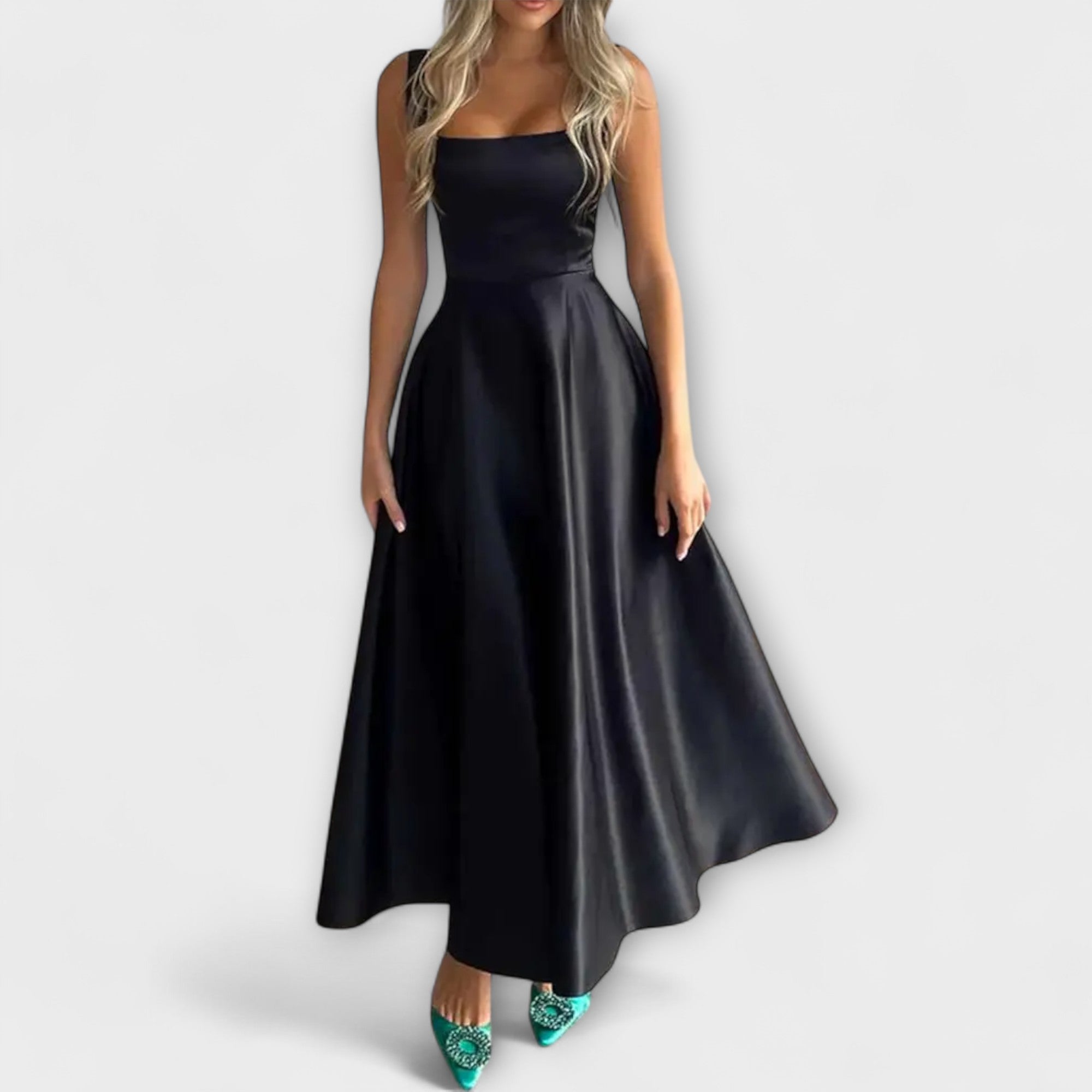 Schwarzes elegantes Midi-Kleid mit breiten Trägern und ausgestelltem Rock