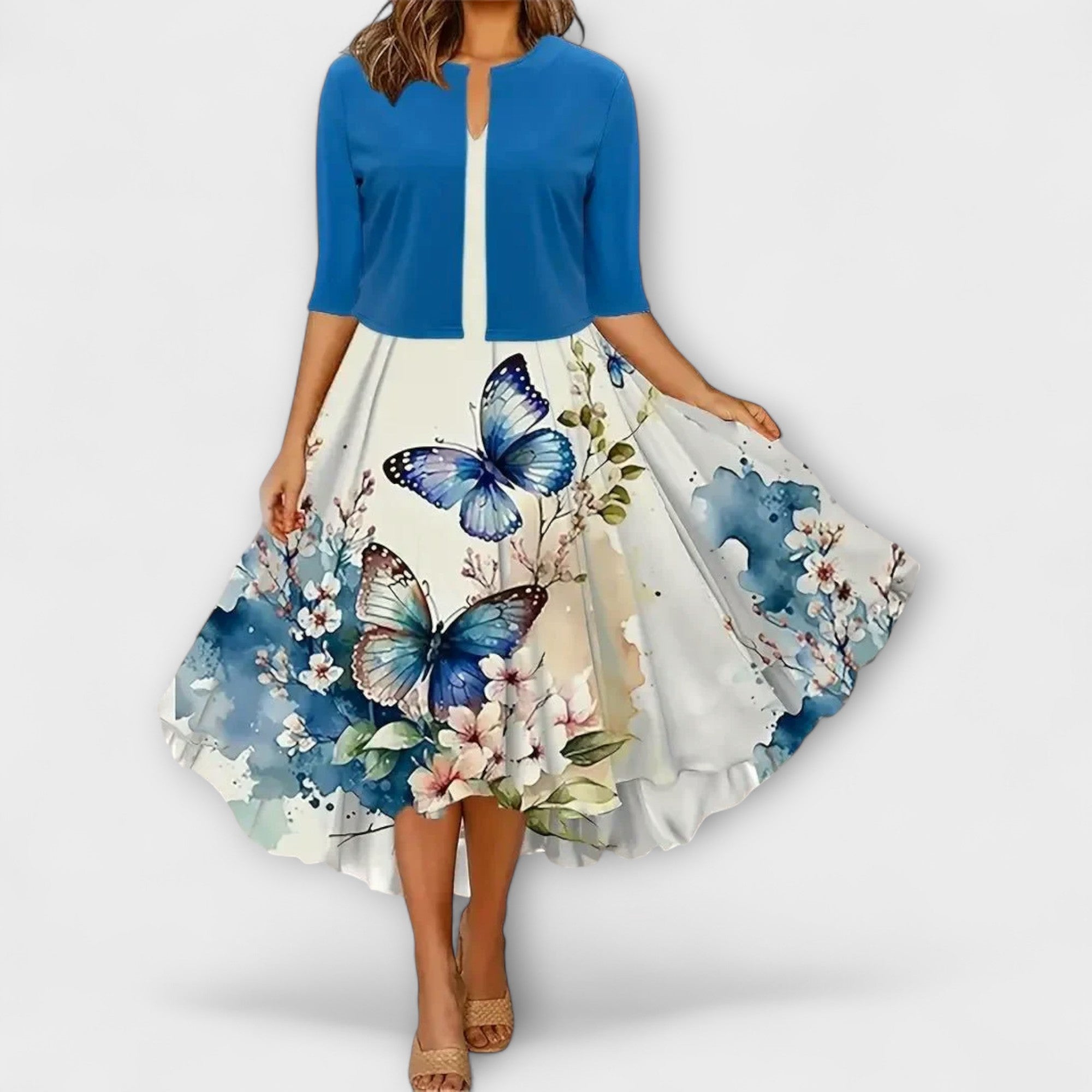 Midi-Kleid mit Blazeroptik, blau mit Schmetterlings- und Blumenprint, weit schwingend