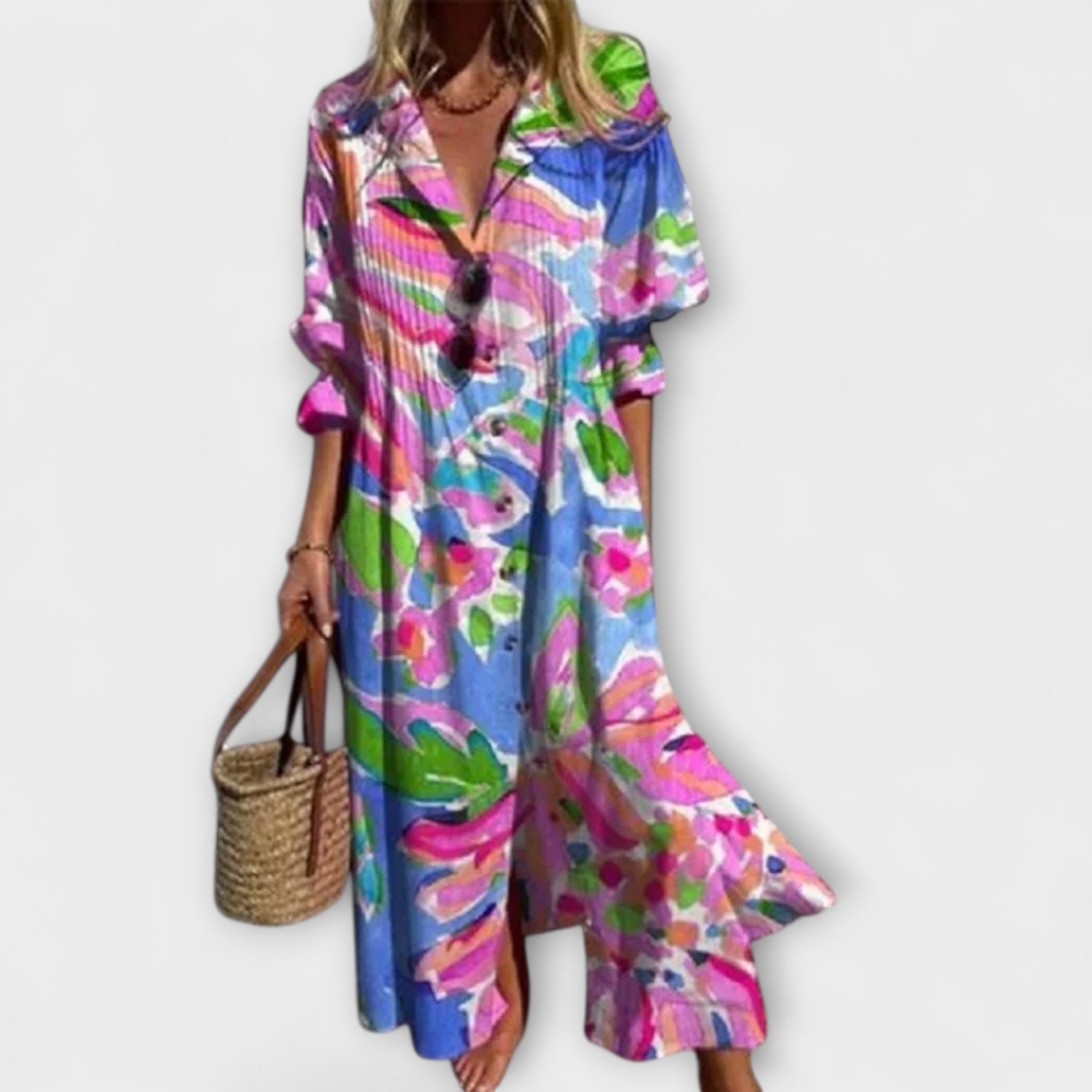 Maxikleid mit V-Ausschnitt und Knopfleiste, buntes Streifen-und-Blumenmuster
