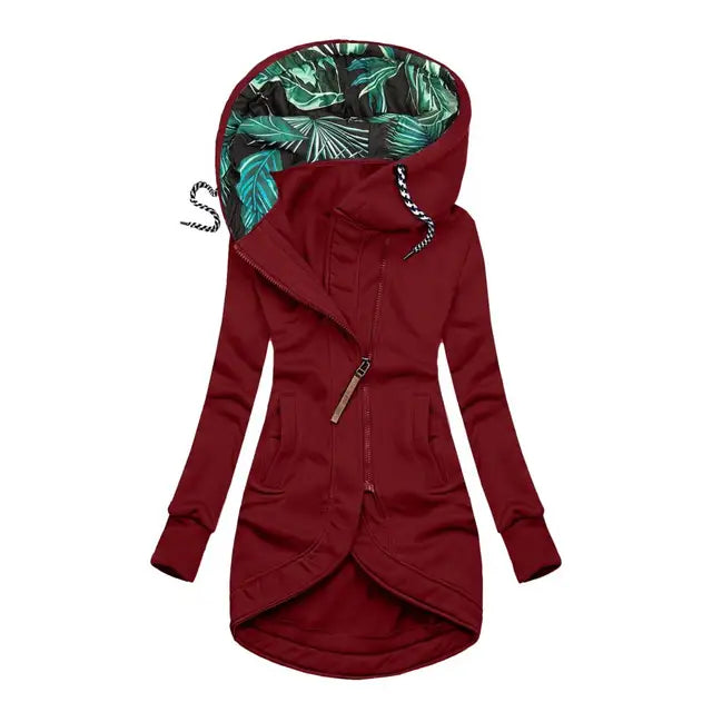Elegante Jacke mit Kapuze, burgunderrot, Reißverschluss, schräges Frontpanel