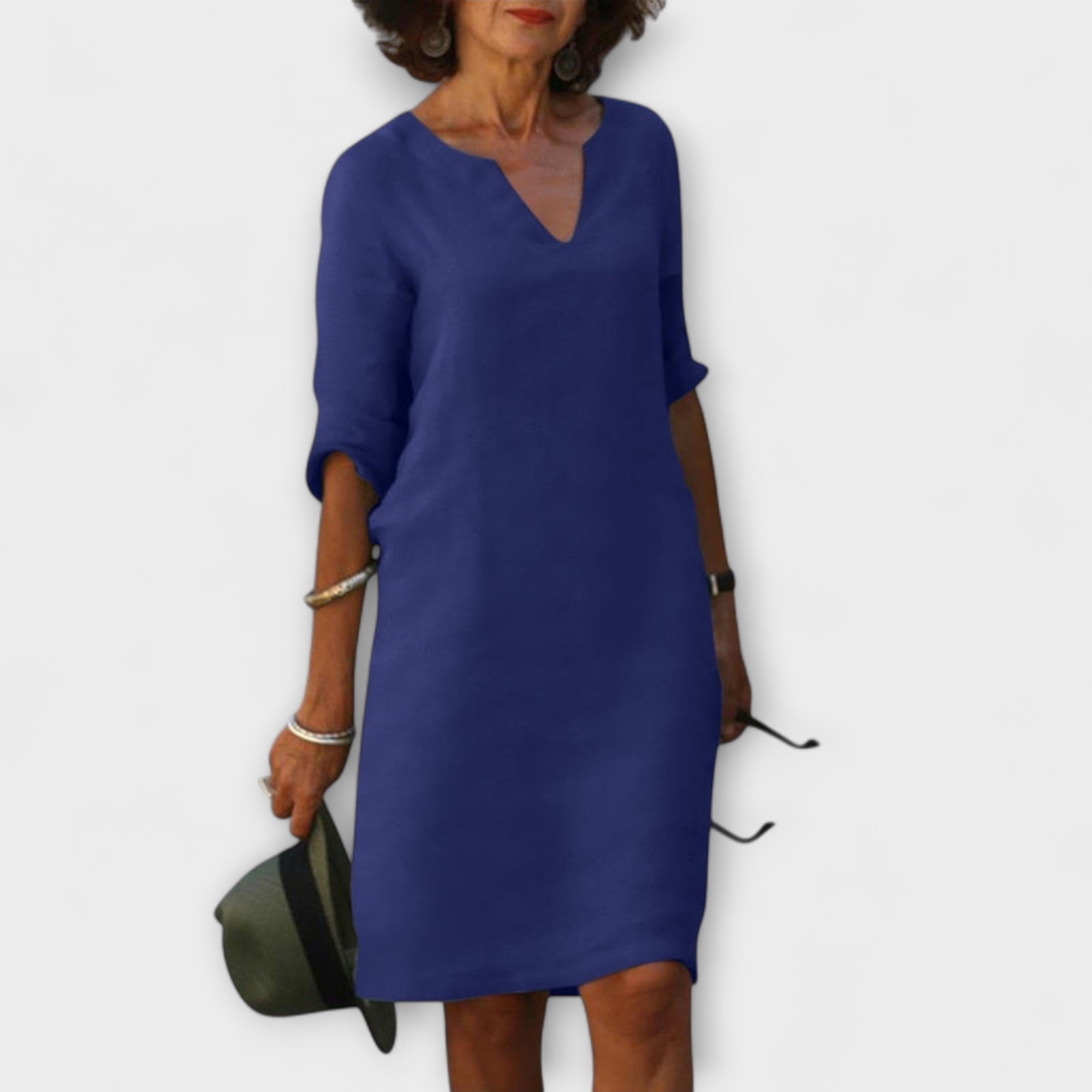 Sommerkleid mit V-Ausschnitt und 3/4-Ärmeln, dunkelblau, knielang