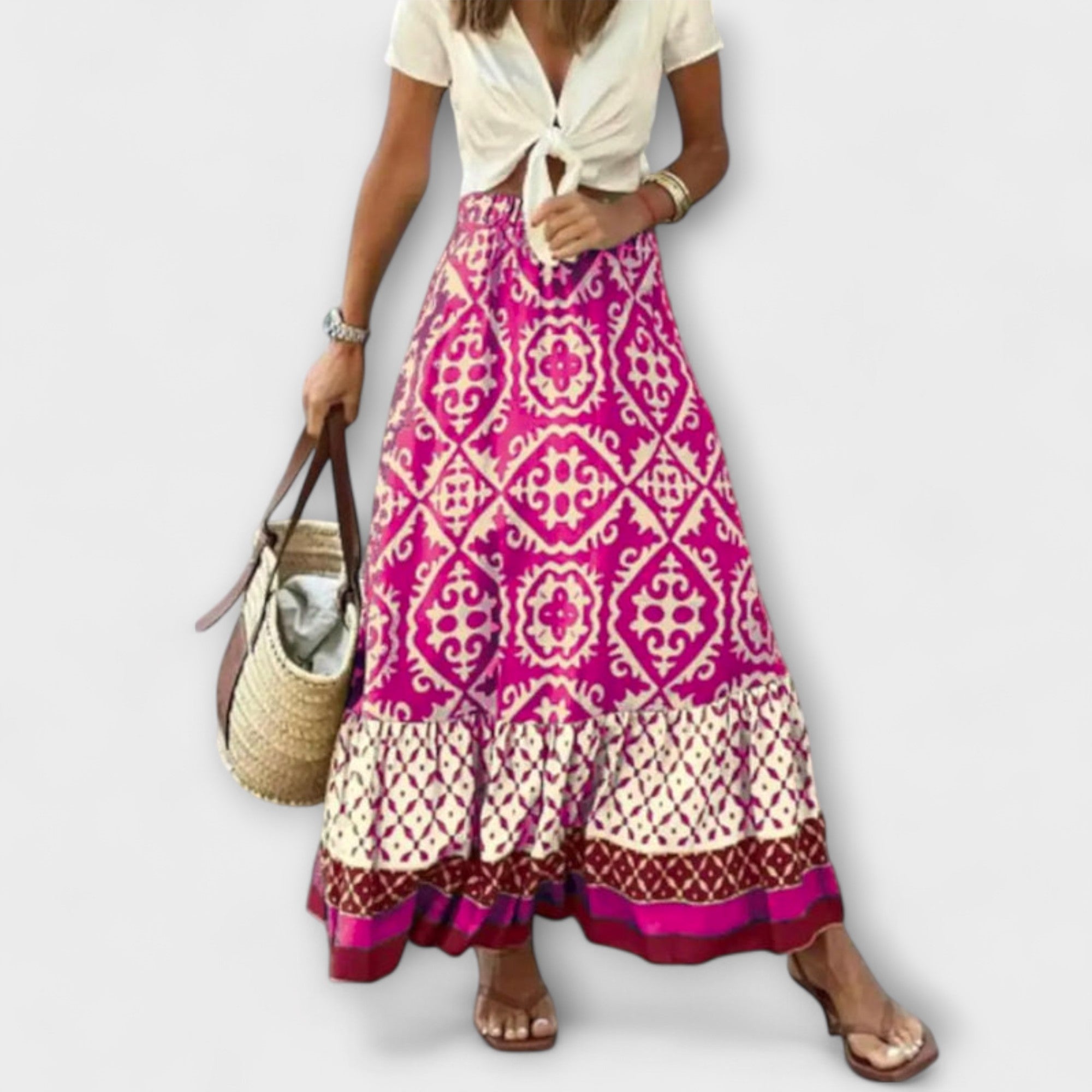 Hochtaillierter Sommerrock mit Paisley-Muster in Pink und Creme, gerafftem Volantsaum