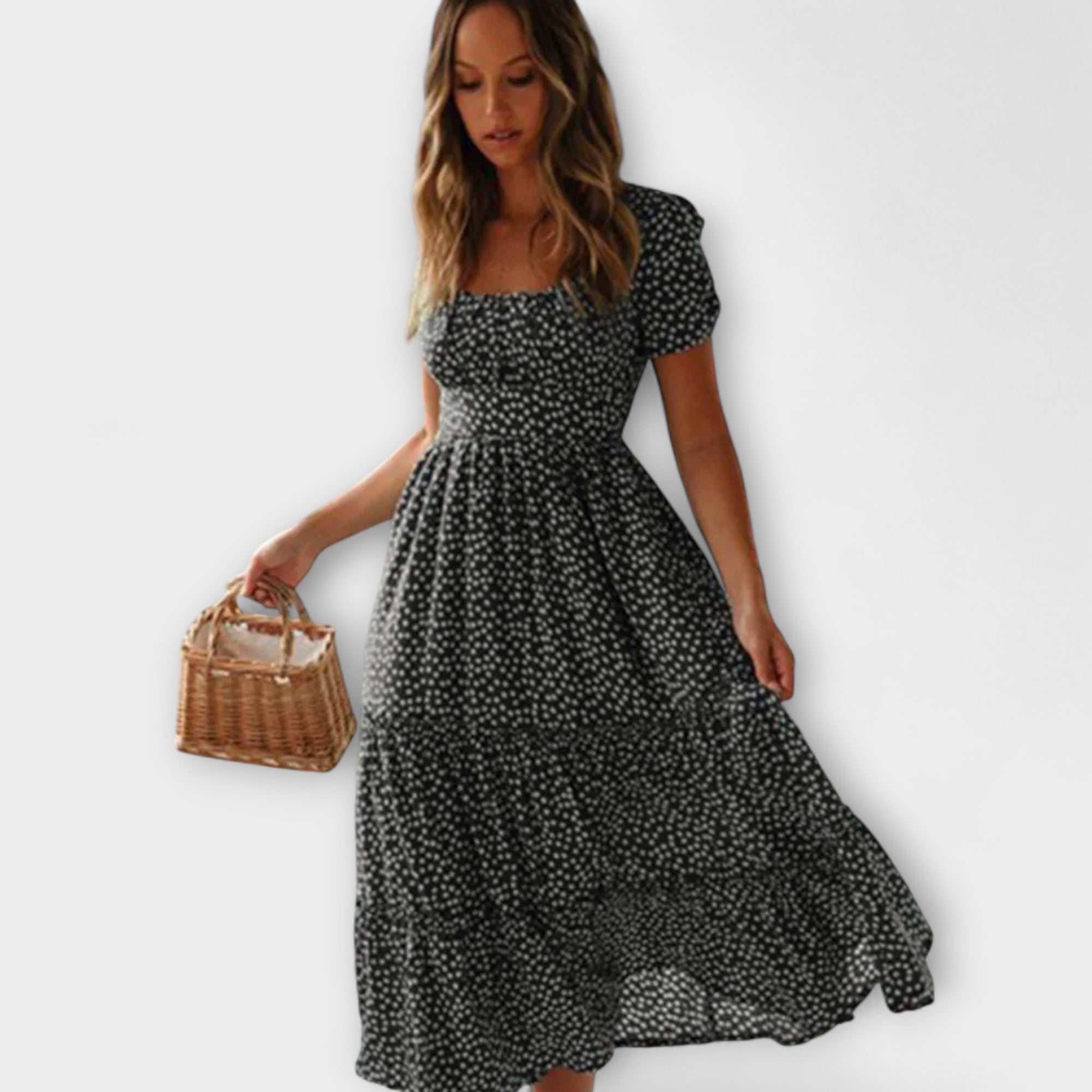 Schwarzes Maxikleid mit weißem Blumenmuster, Puffärmeln und weitem Glockenrock