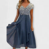 Damen-Chiffonpartykleid mit V-Ausschnitt, Glitzeroberteil gold/silber und blauer Volantrock