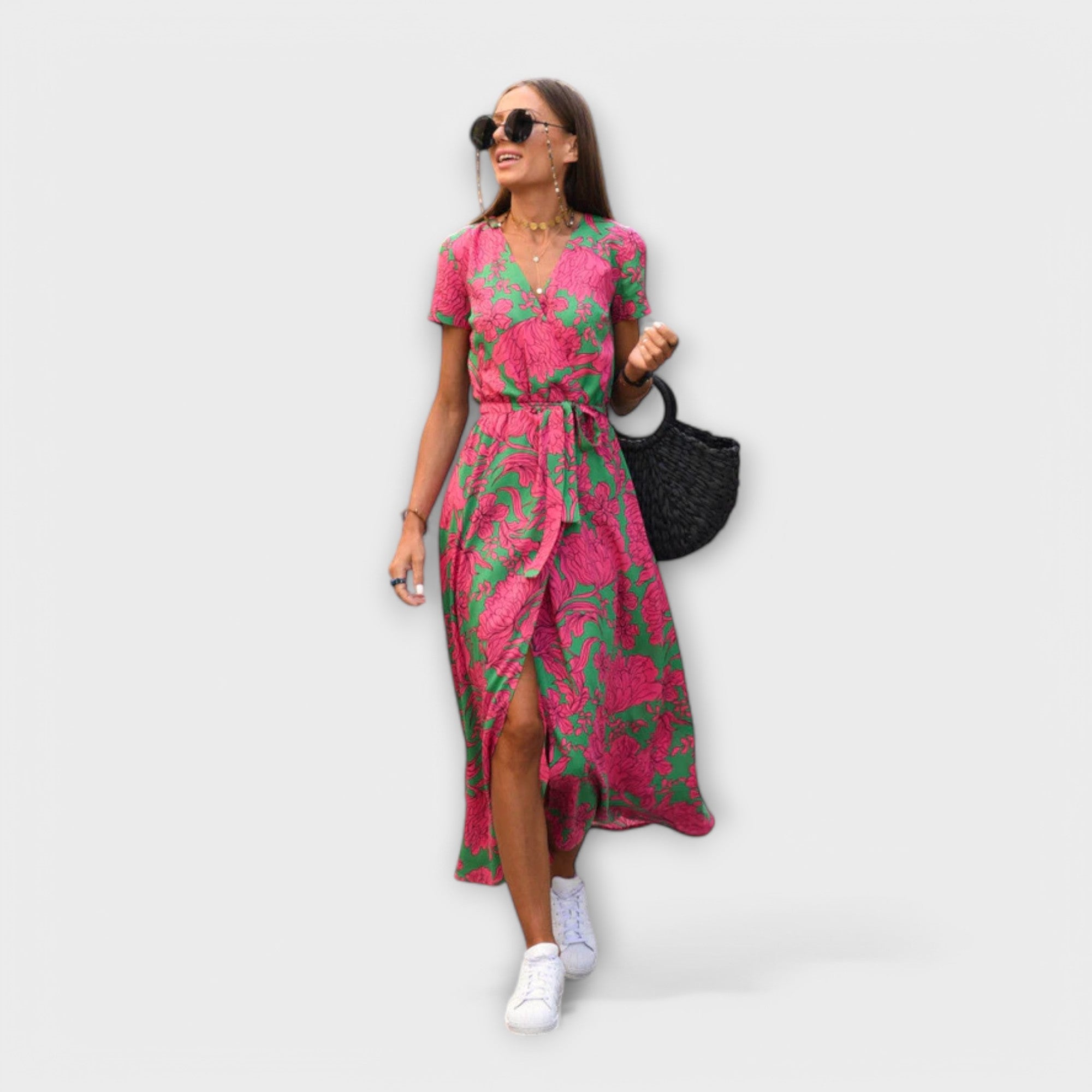 Eshel bequemes Kleid mit V-Ausschnitt, kurzen Ärmeln und floralem Pink-Grün-Muster